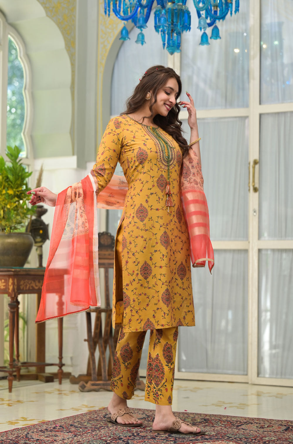 Mustard 3-Piece Kurta Set with Embroidered Charm & Digital Dupatta