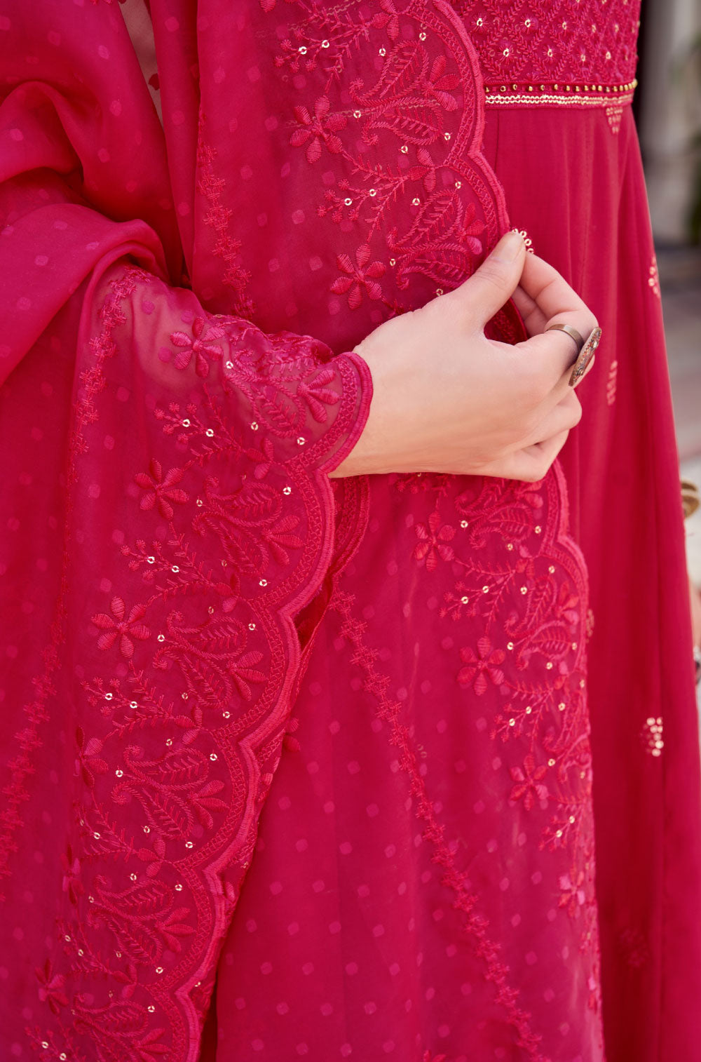 Anarkali Set in Fuchsia Pink with Organza Embroidered Dupatta