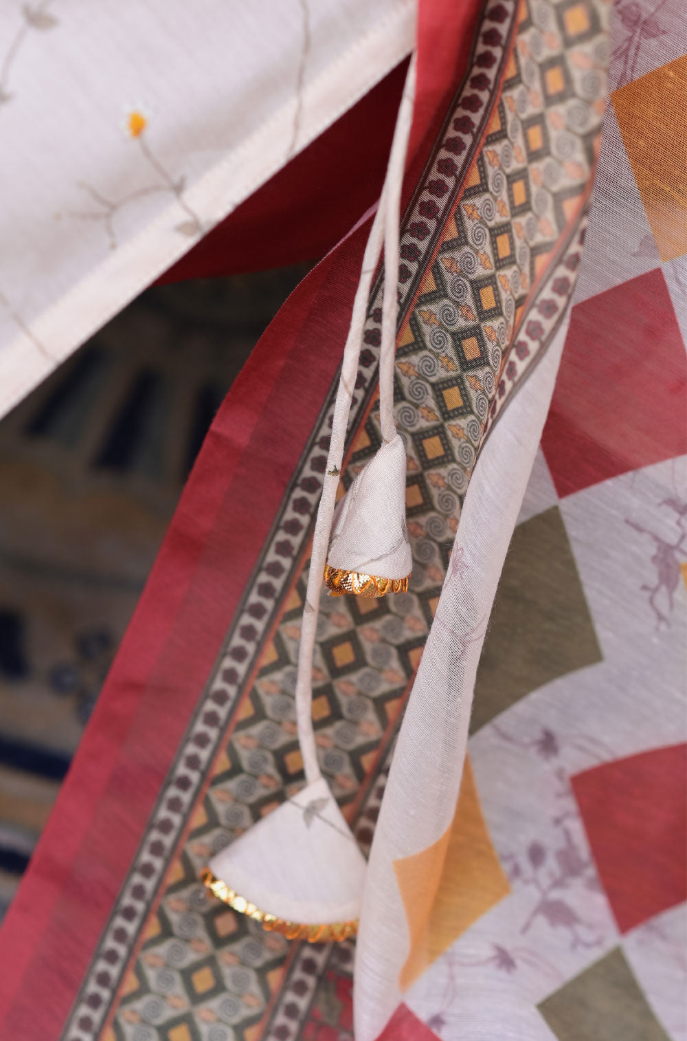 Cream Silk Blend 3-Piece Kurta Set with Embroidered Yoke Tassels & Dupatta