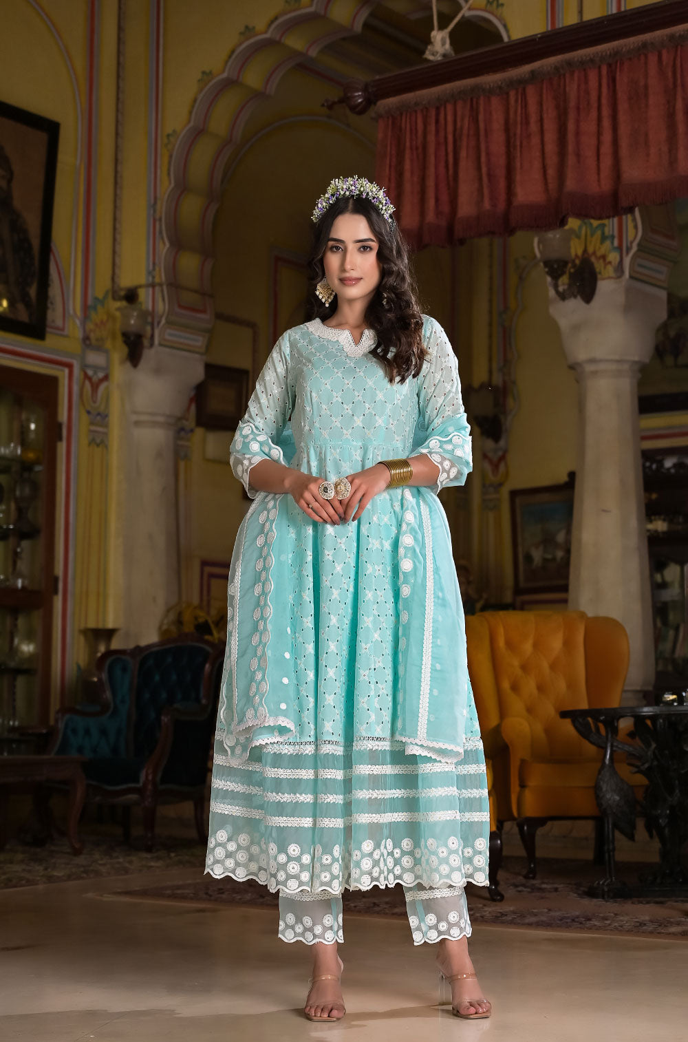 Pastel Chikankari Anarkali Set in Sea Green Cotton