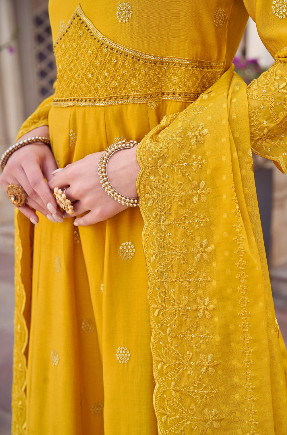 Mustard Silk Anarkali Set with Organza Flair