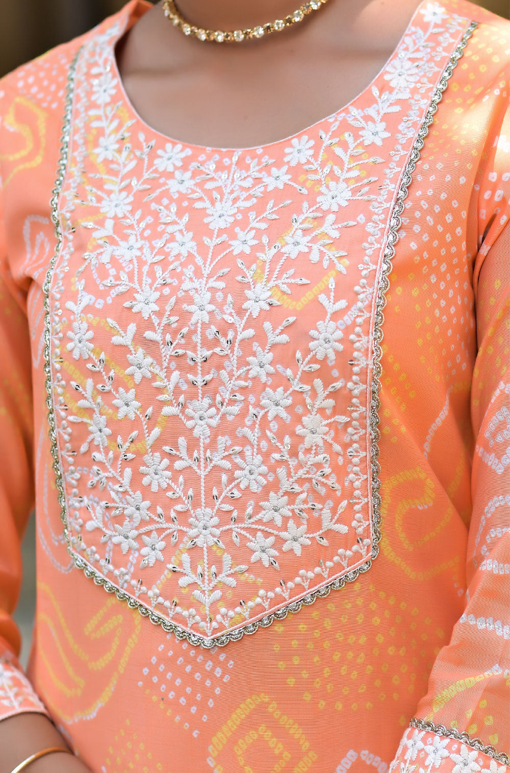 3-Piece Silk Blend Bandhej Peach Kurta Set with Printed Pants & Embroidered Dupatta