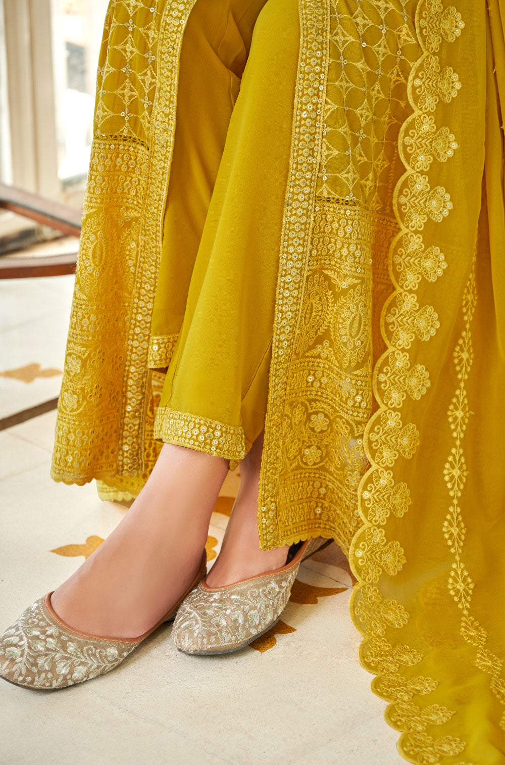 3-Piece Mustard Yellow Georgette Anarkali Set with Chikankari & Gold Sequins.