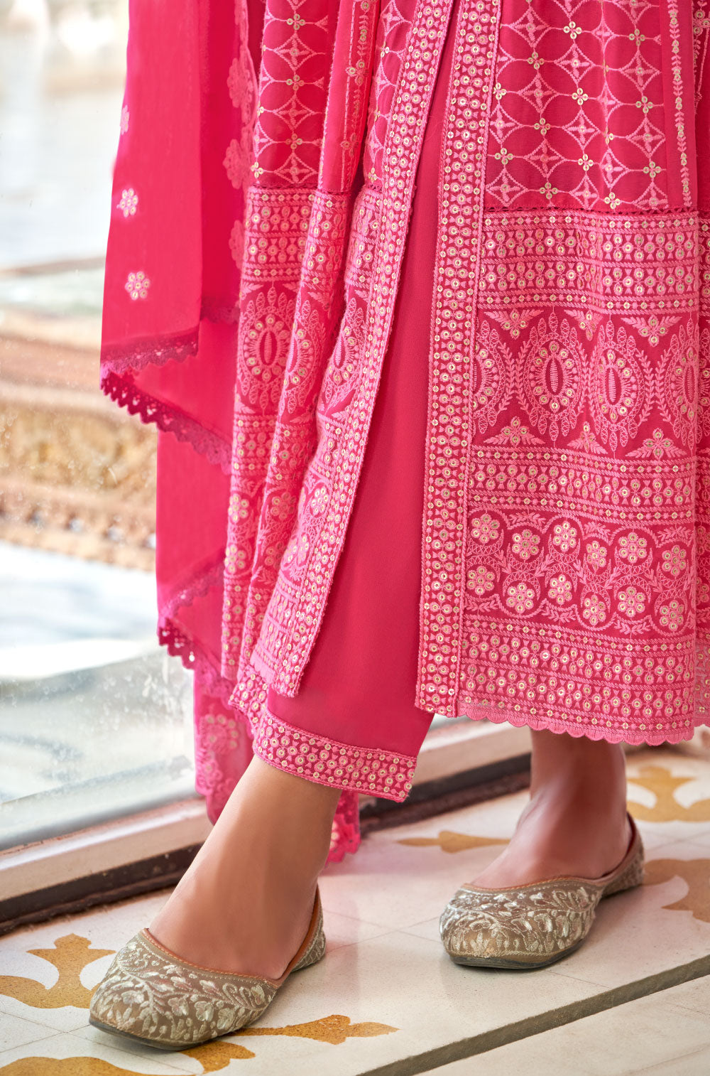 Fuchsia Pink Anarkali, Pants & Dupatta with Chikankari