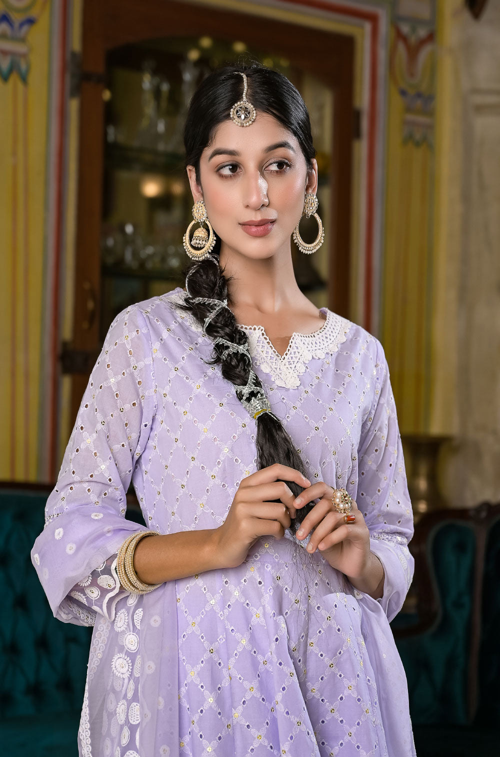 Anarkali Elegance with Delicate Chikankari & Sequined Charm , 3 pcs set with Organza dupatta