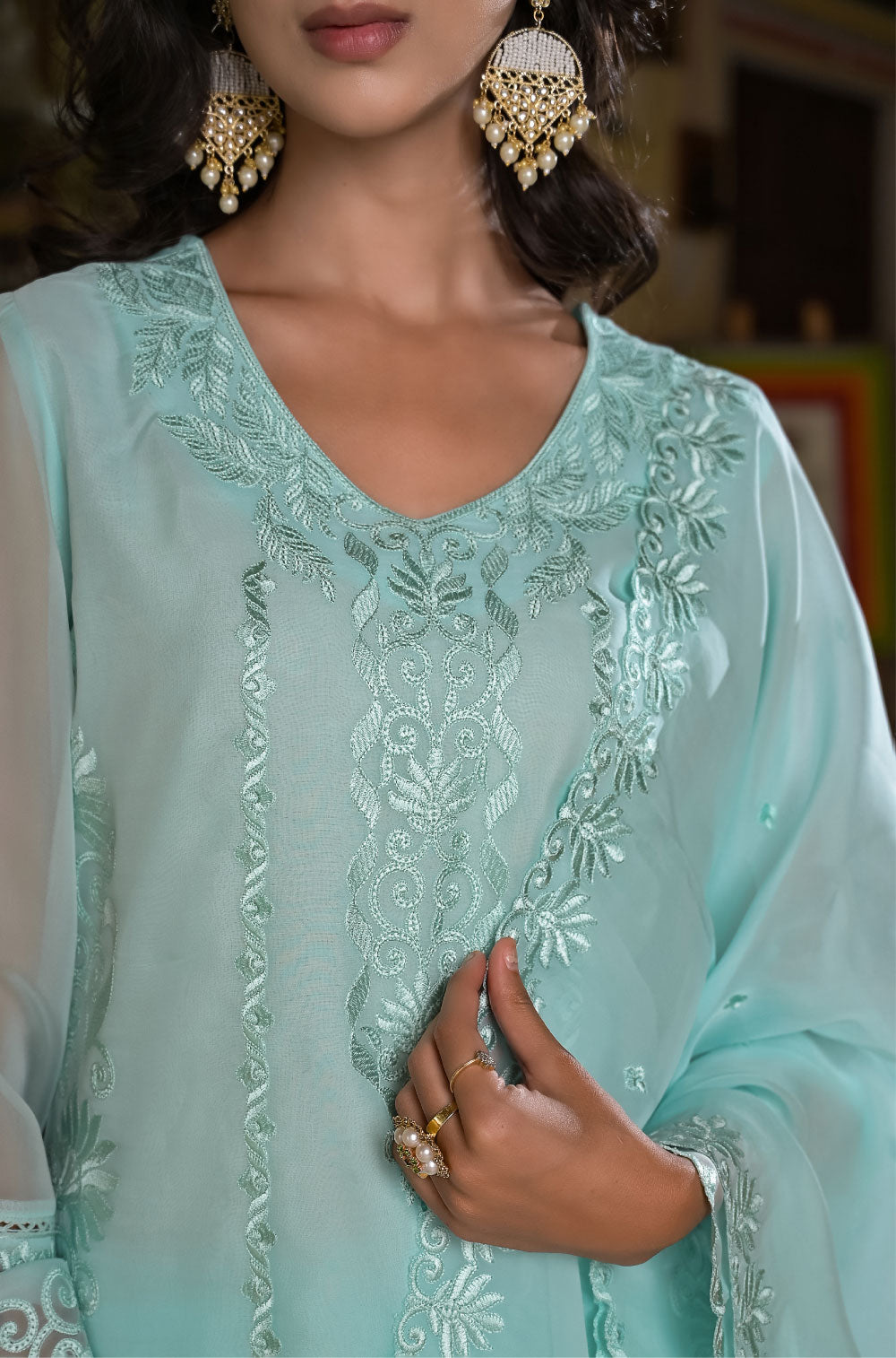 3-Piece Aqua Organza Kurta Set with Delicate Cut Work