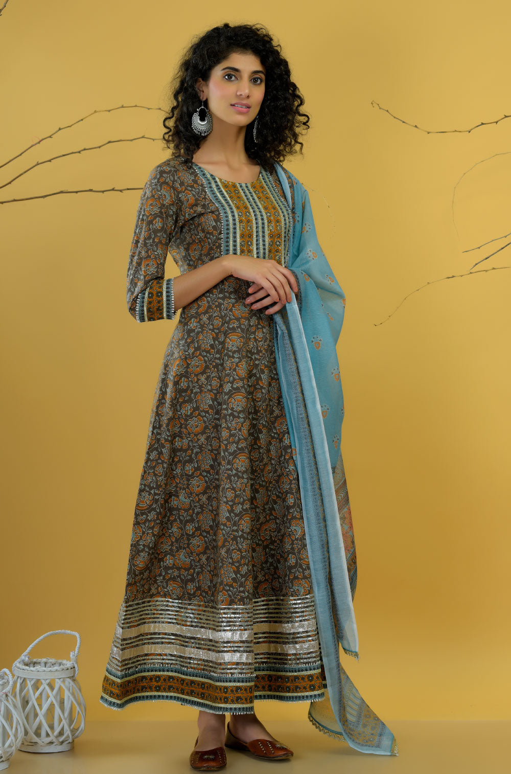 Army Green Anarkali Set with Chanderi Dupatta in traditional style