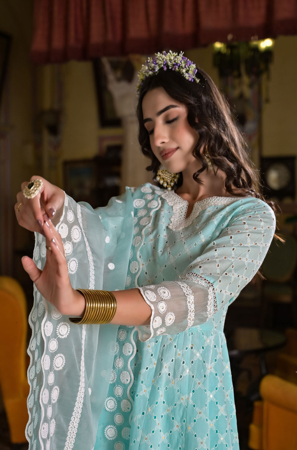 Pastel Chikankari Anarkali Set in Sea Green Cotton