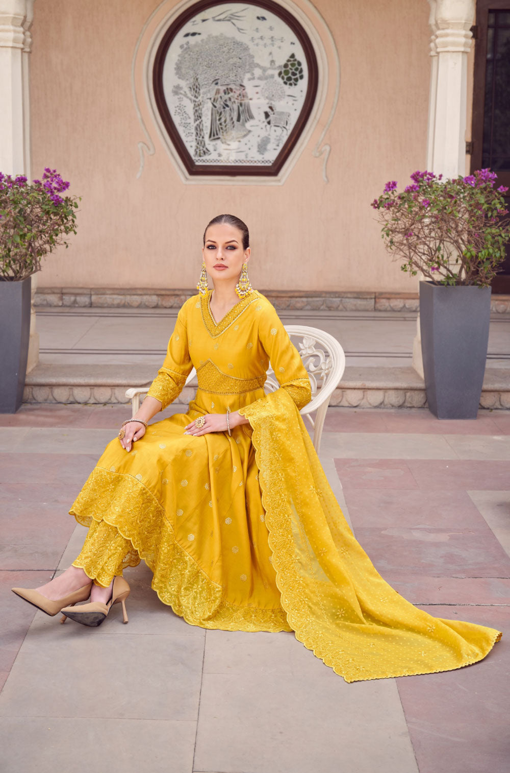Mustard Silk Anarkali Set with Organza Flair