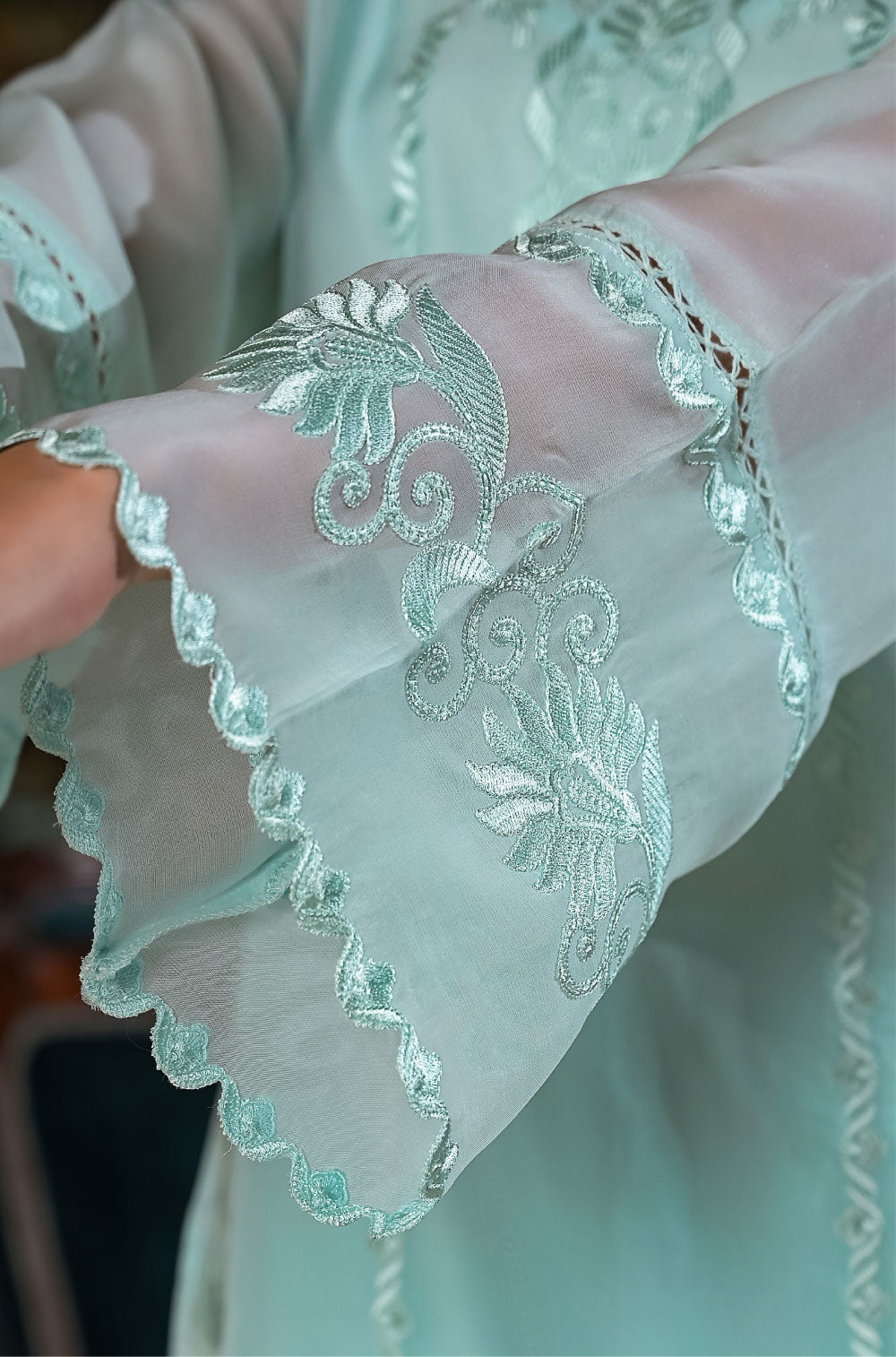 3-Piece Aqua Organza Kurta Set with Delicate Cut Work