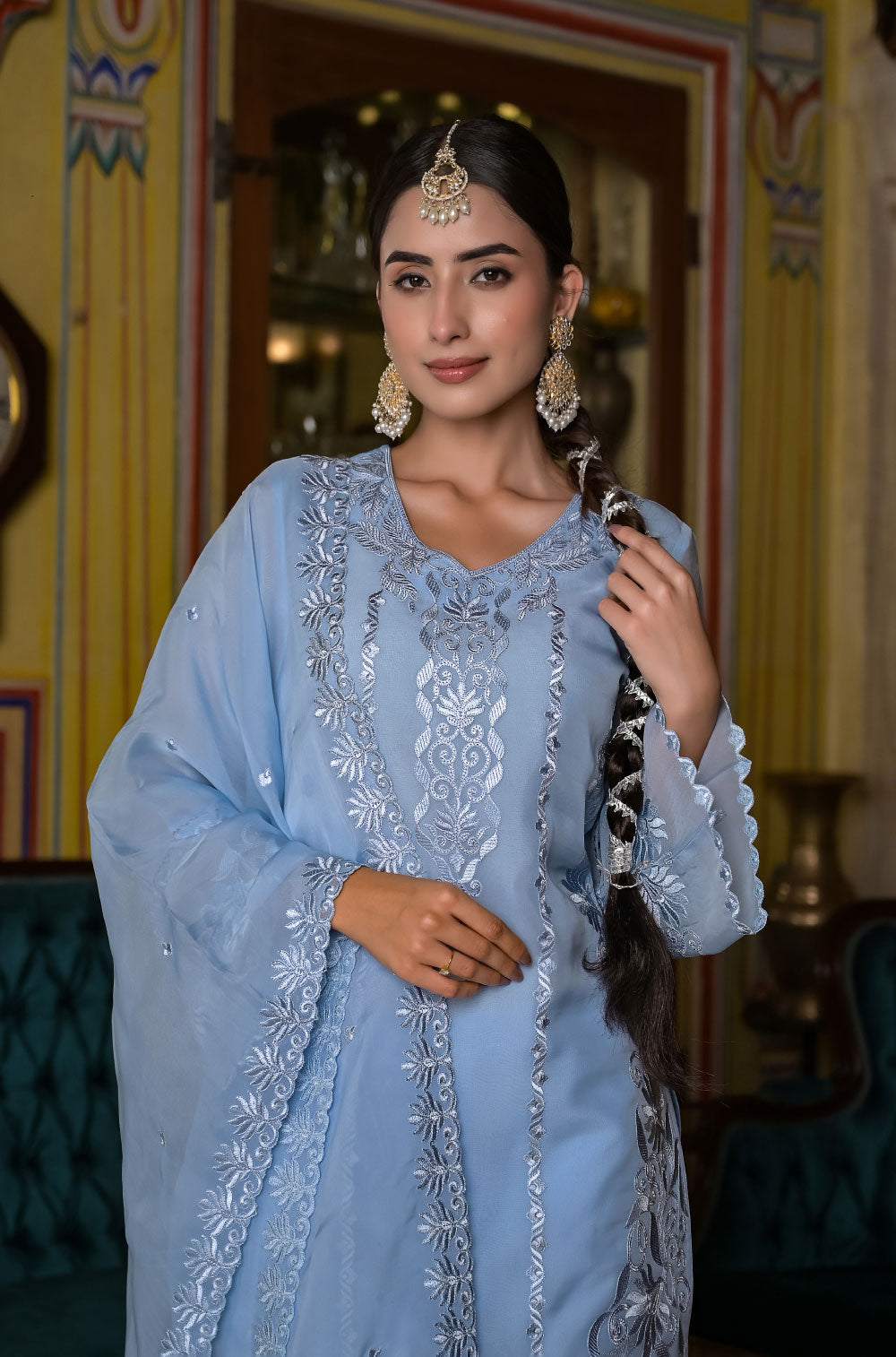 Powder Blue Organza 3-Piece Kurta Set with Delicate Cut Work Embroidery