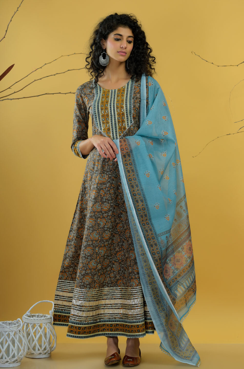 Army Green Anarkali Set with Chanderi Dupatta in traditional style