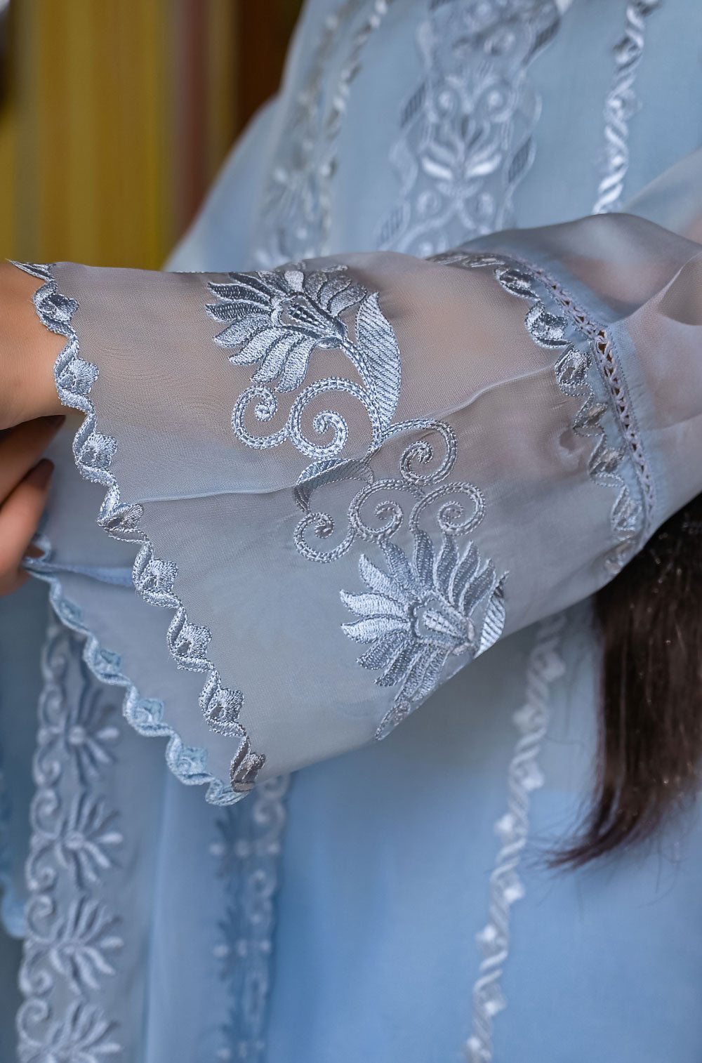 Powder Blue Organza 3-Piece Kurta Set with Delicate Cut Work Embroidery