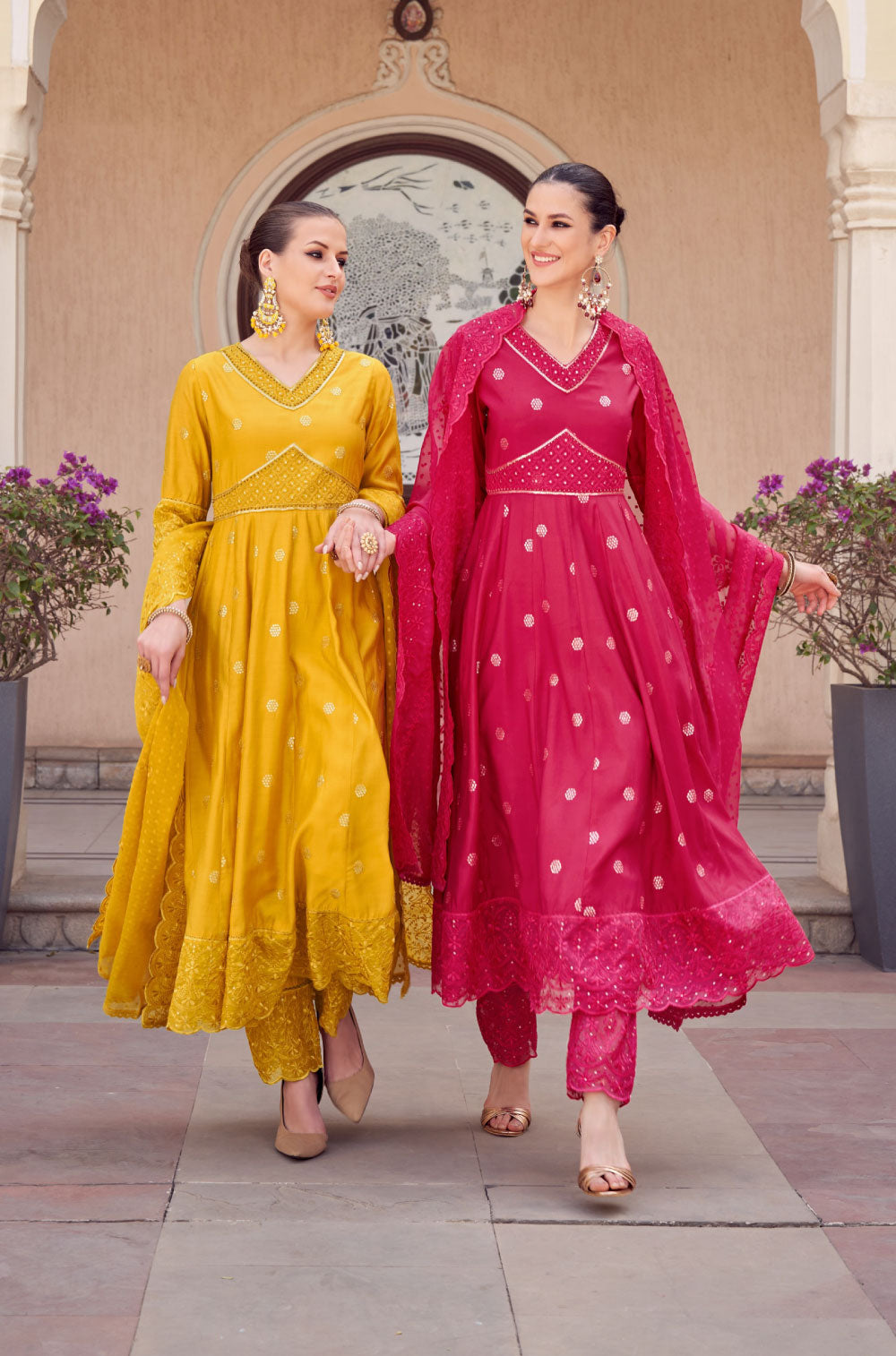 Anarkali Set in Fuchsia Pink with Organza Embroidered Dupatta