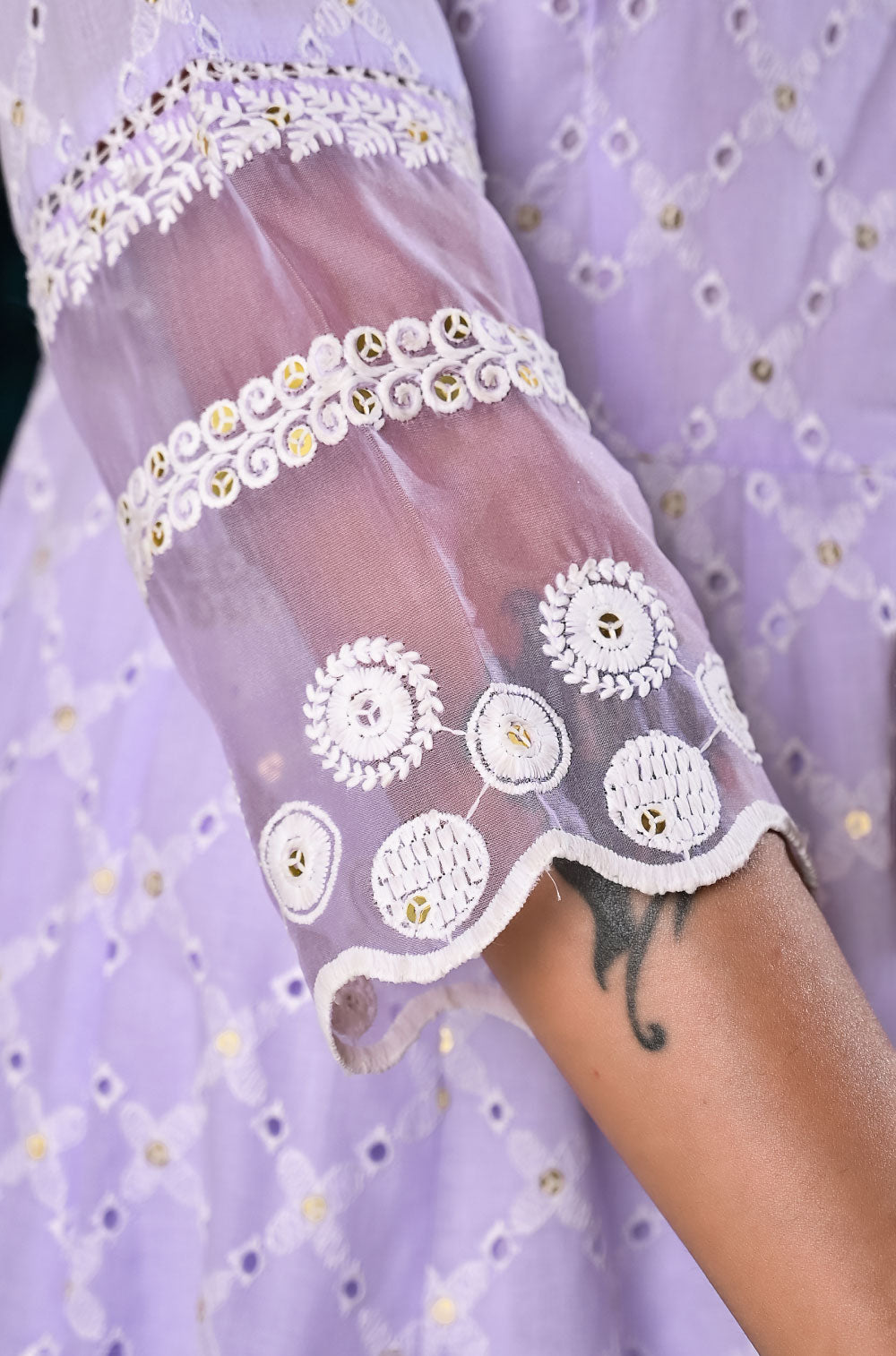 Anarkali Elegance with Delicate Chikankari & Sequined Charm , 3 pcs set with Organza dupatta