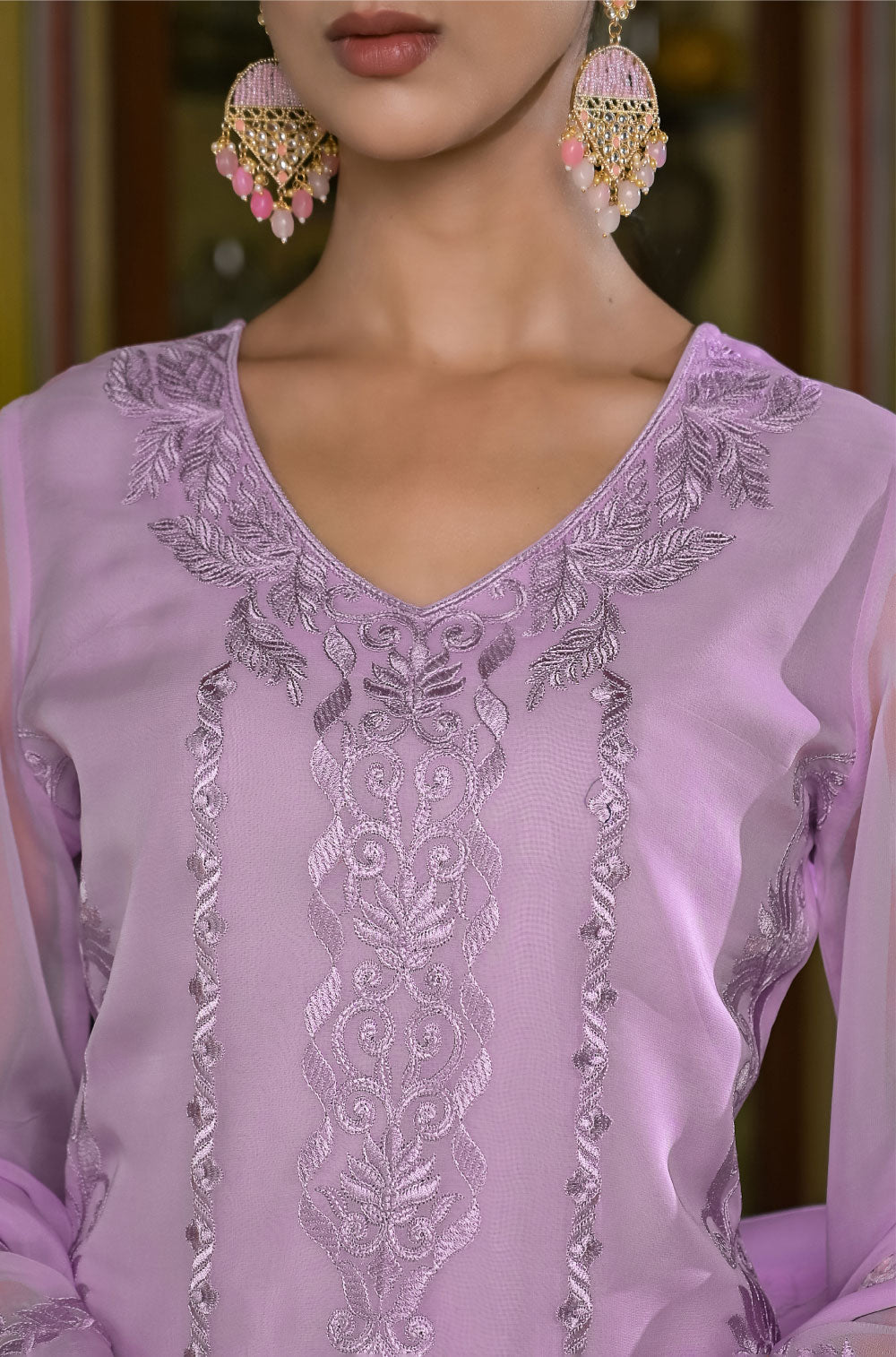 Exquisite Lavender Organza Kurta 3-piece Set with Cutwork Embroidery