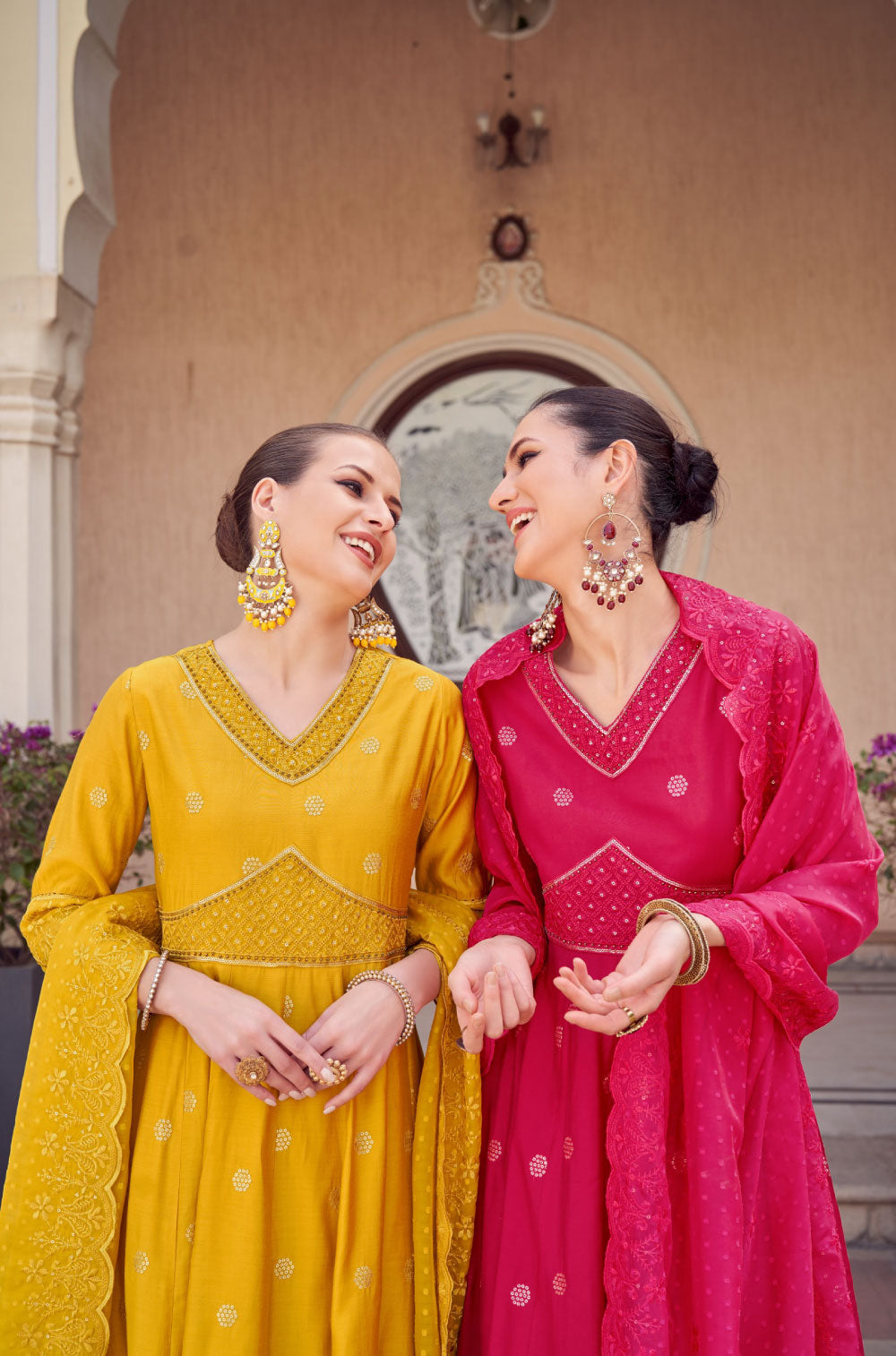 Anarkali Set in Fuchsia Pink with Organza Embroidered Dupatta