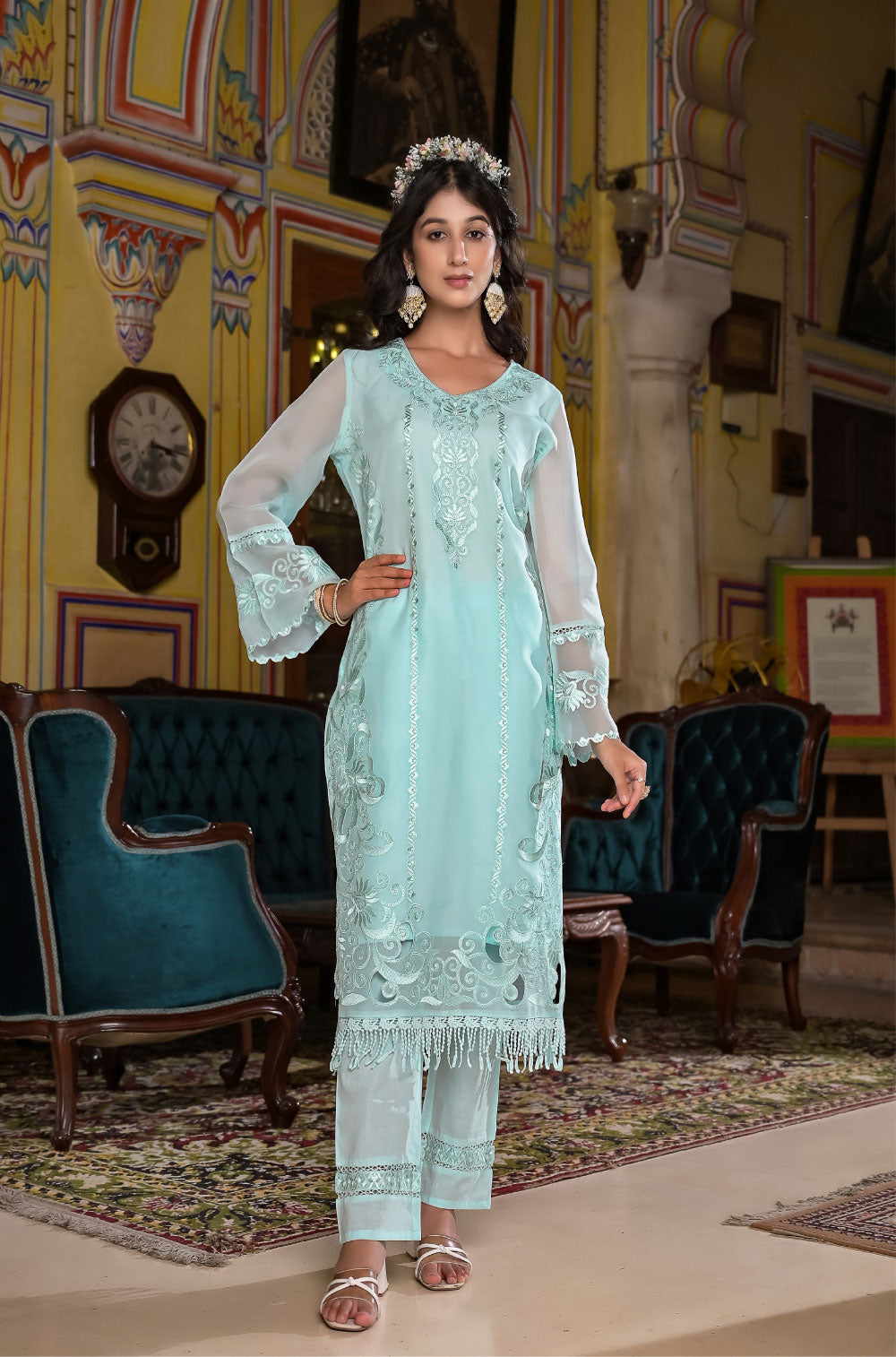 3-Piece Aqua Organza Kurta Set with Delicate Cut Work