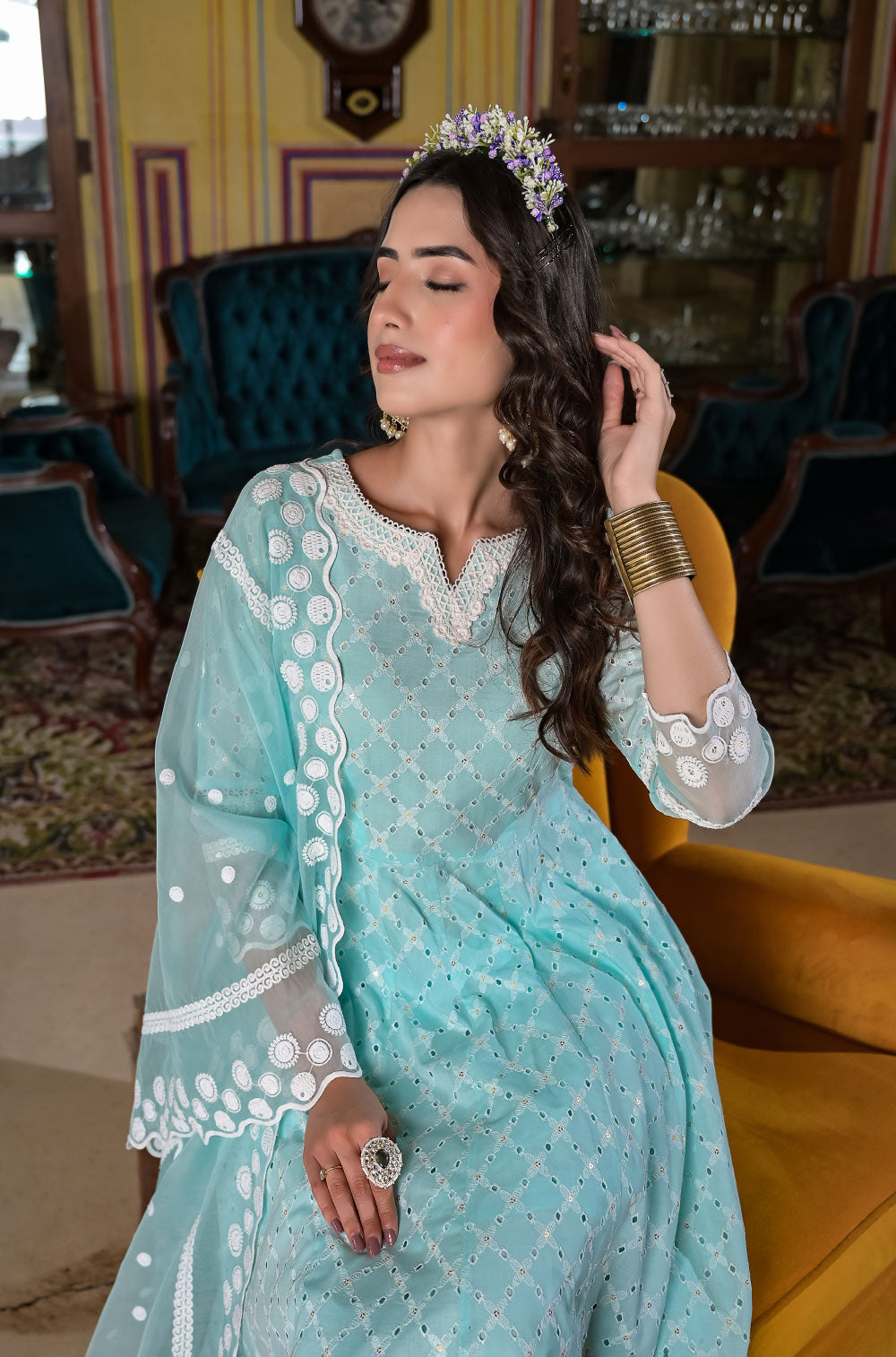 Pastel Chikankari Anarkali Set in Sea Green Cotton