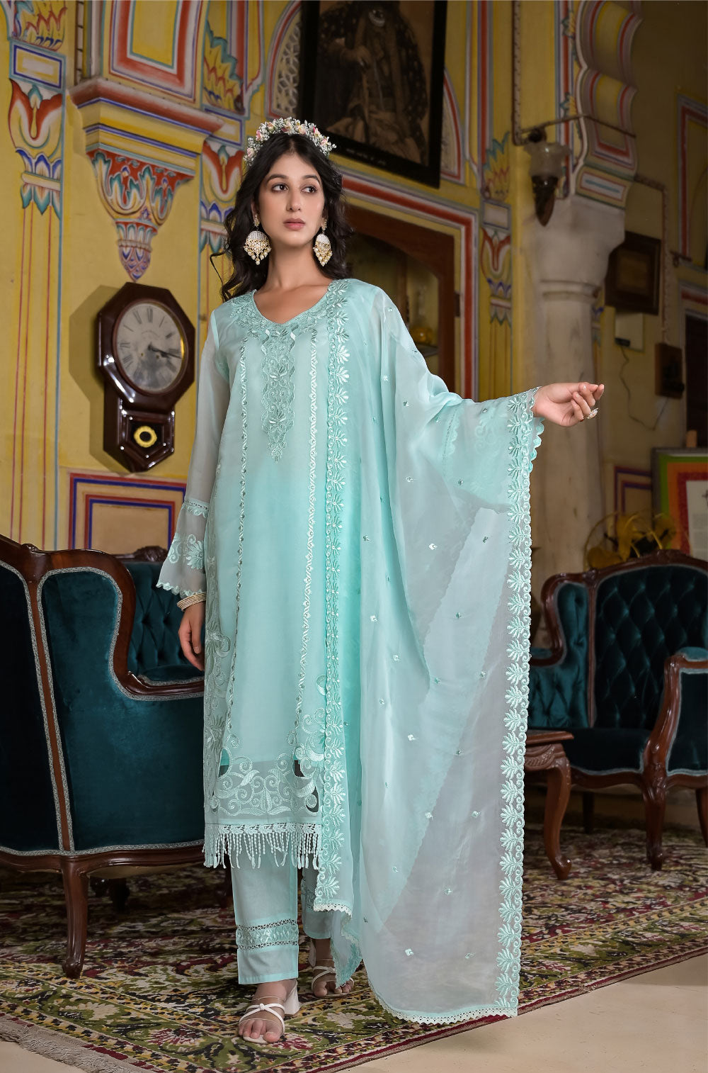 3-Piece Aqua Organza Kurta Set with Delicate Cut Work