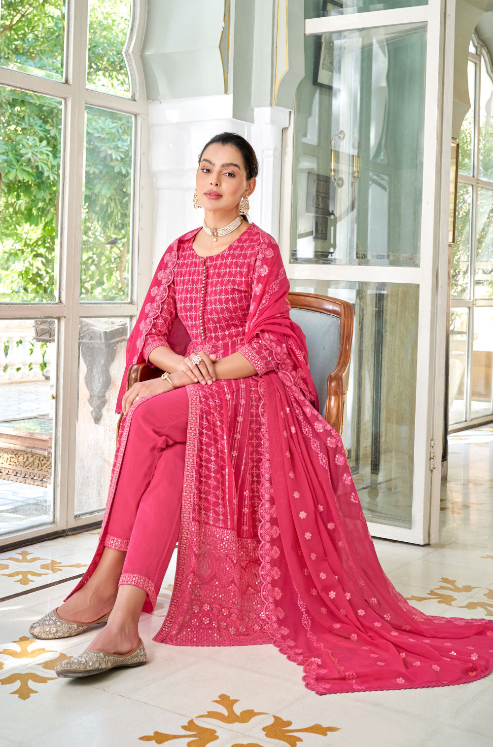 Fuchsia Pink Anarkali, Pants & Dupatta with Chikankari