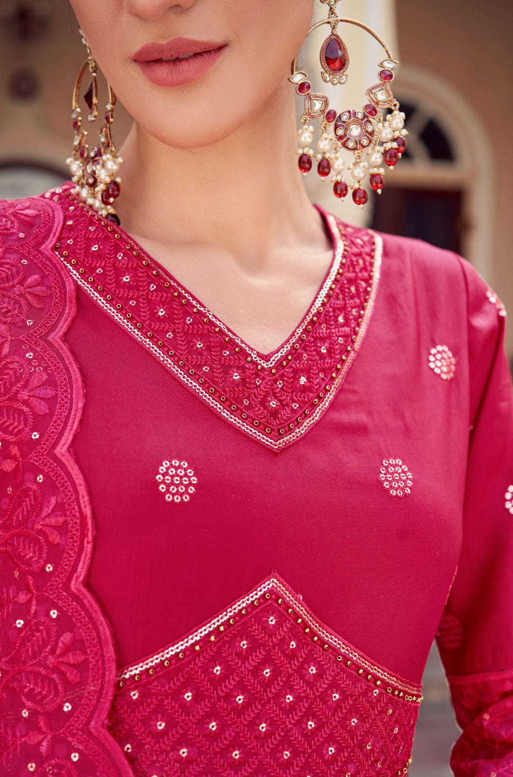 Anarkali Set in Fuchsia Pink with Organza Embroidered Dupatta