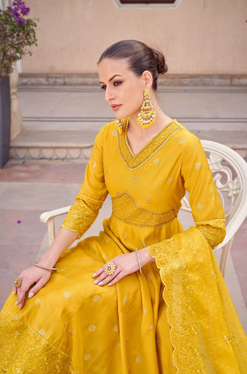 Mustard Silk Anarkali Set with Organza Flair