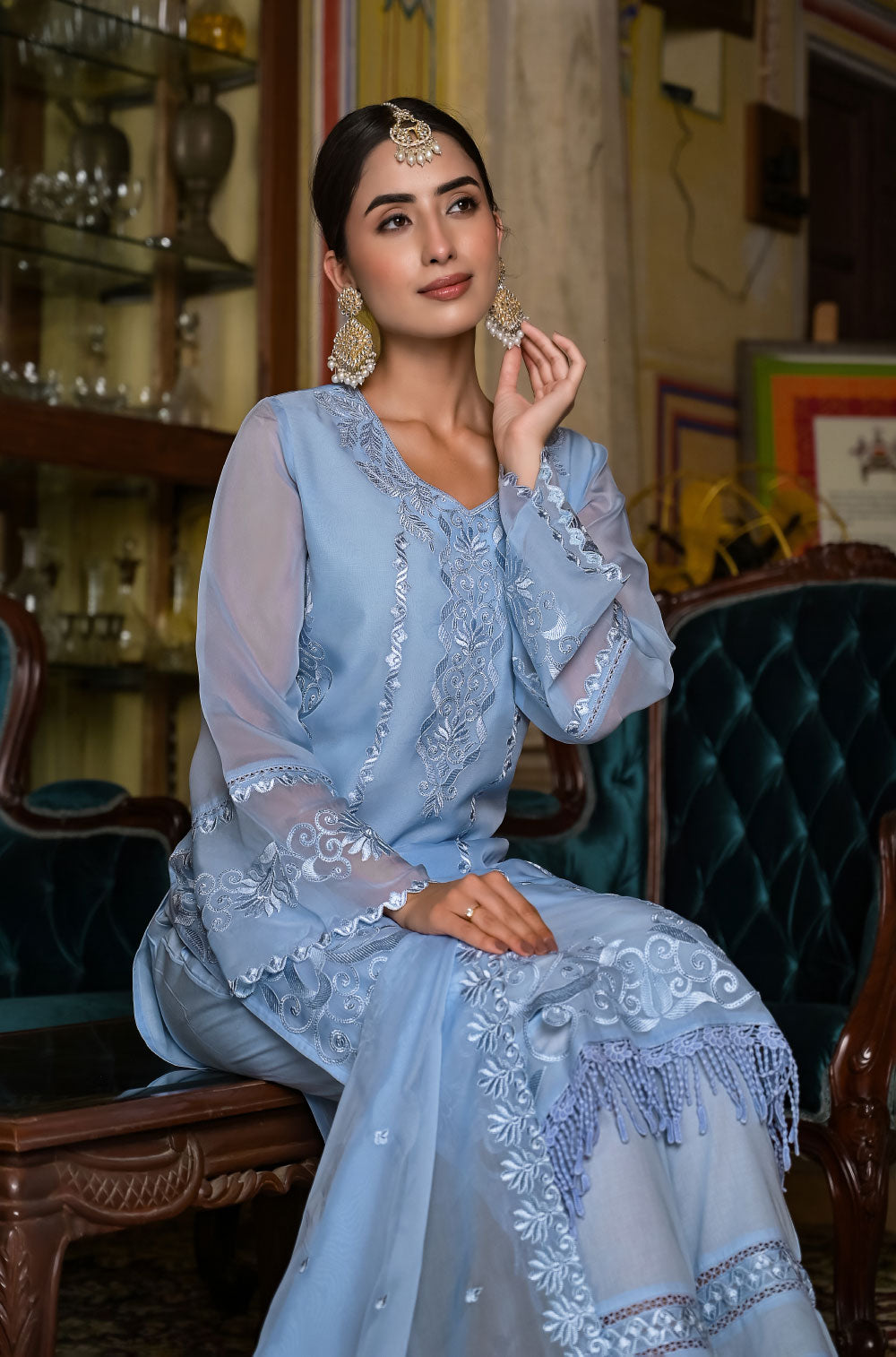 Powder Blue Organza 3-Piece Kurta Set with Delicate Cut Work Embroidery