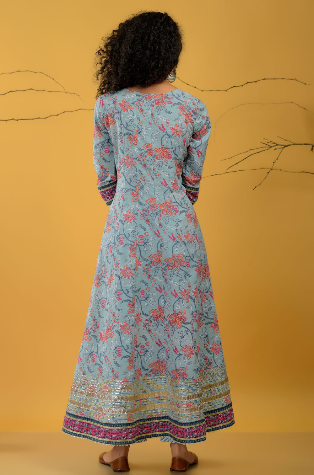 Printed Cotton Cambric Anarkali Set with Lace & Dupatta