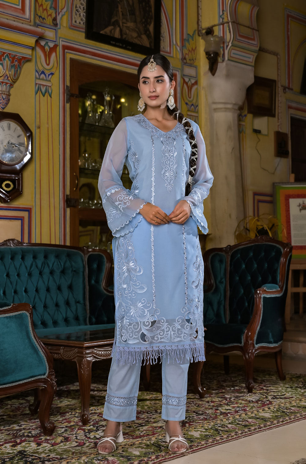 Powder Blue Organza 3-Piece Kurta Set with Delicate Cut Work Embroidery