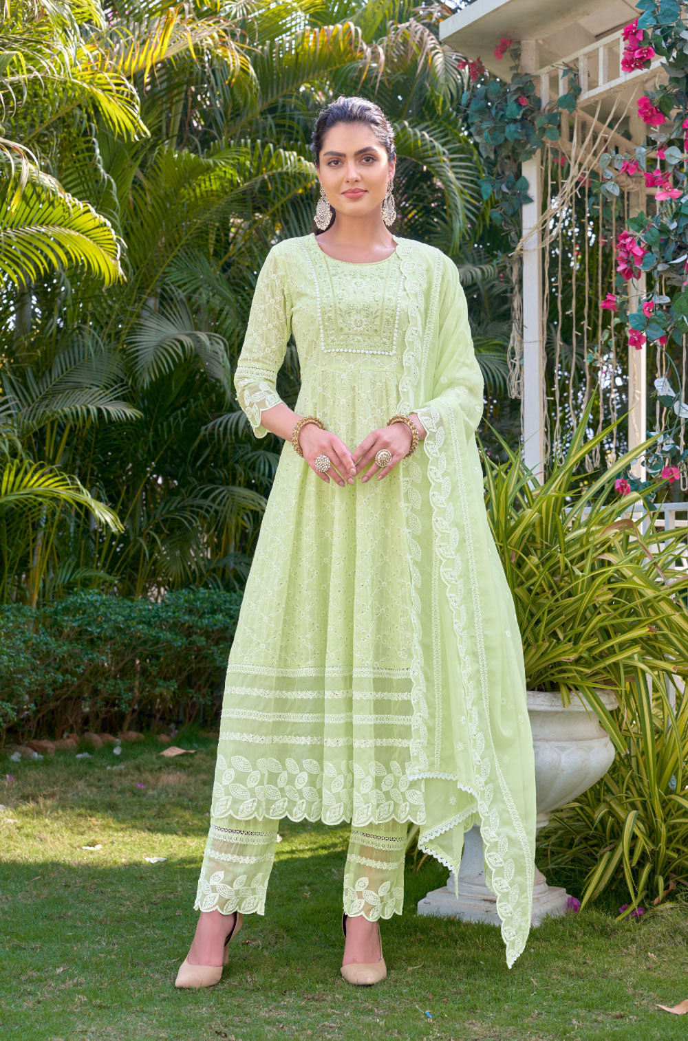 Anarkali Set with Sequined Yoke & Organza Dupatta