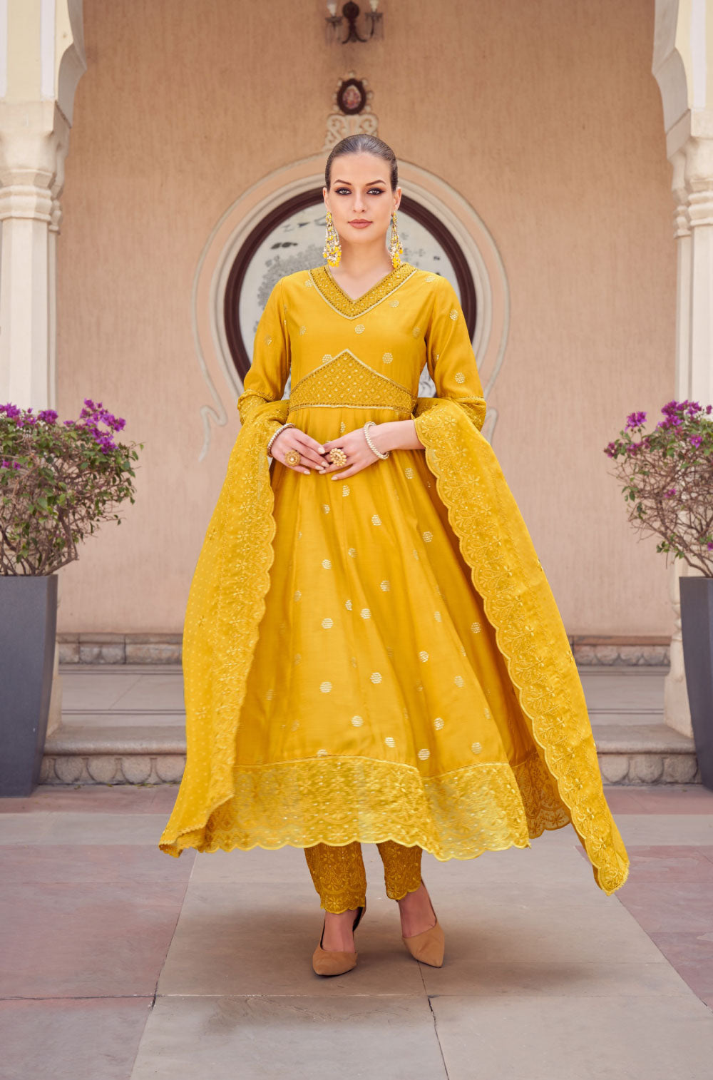 Mustard Silk Anarkali Set with Organza Flair