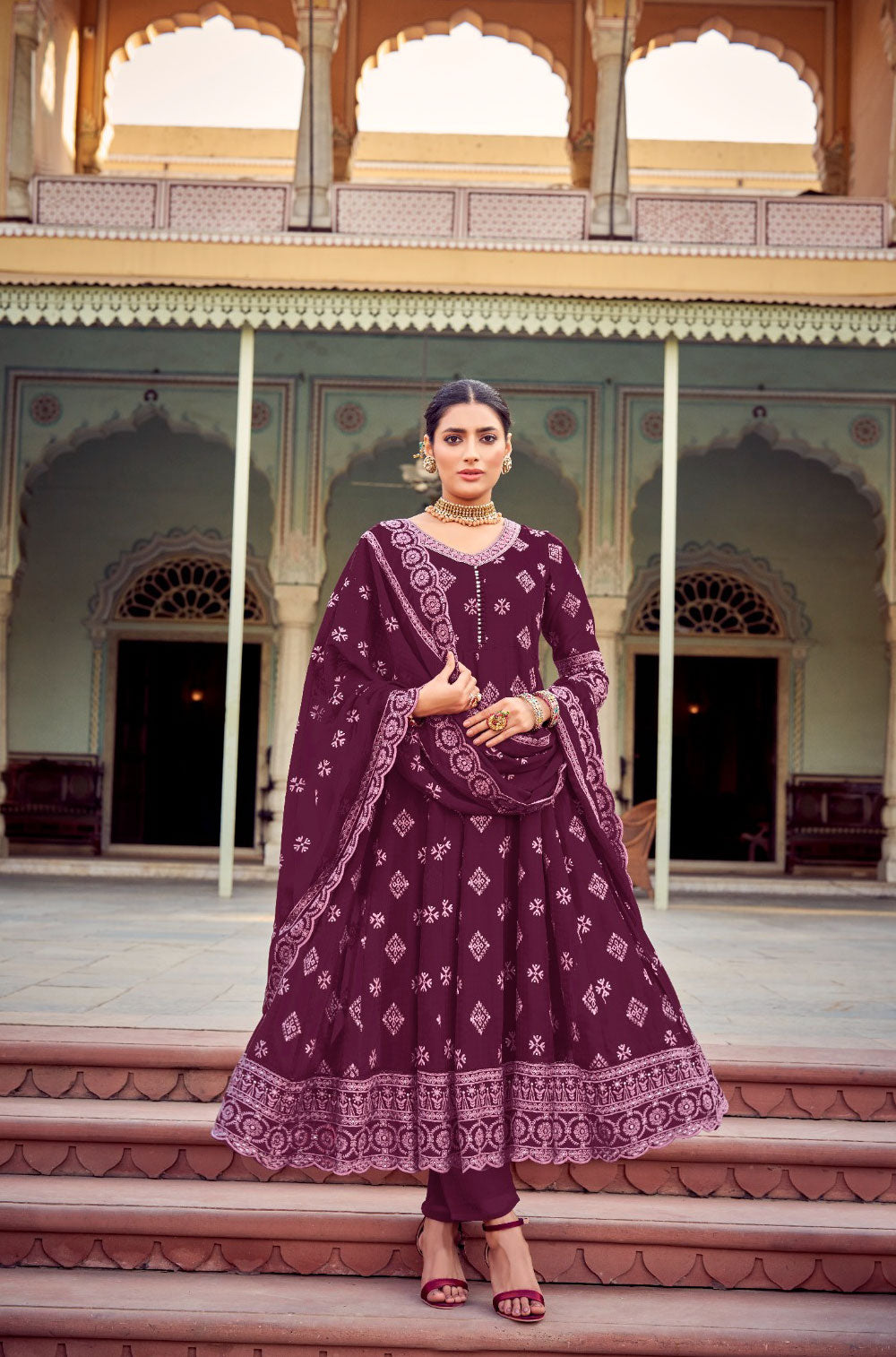 Wine Georgette Anarkali Set with Sequin Work