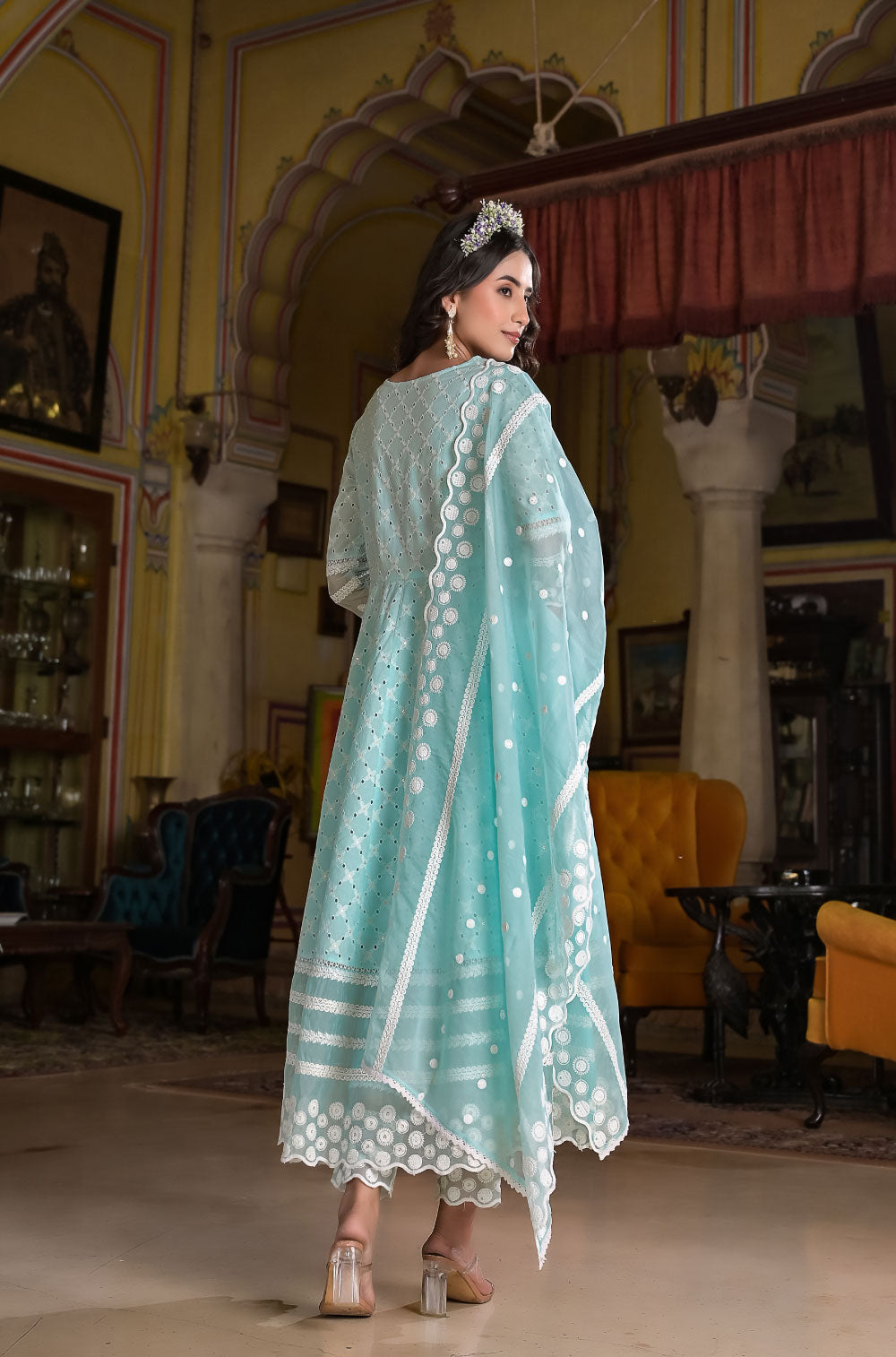 Pastel Chikankari Anarkali Set in Sea Green Cotton