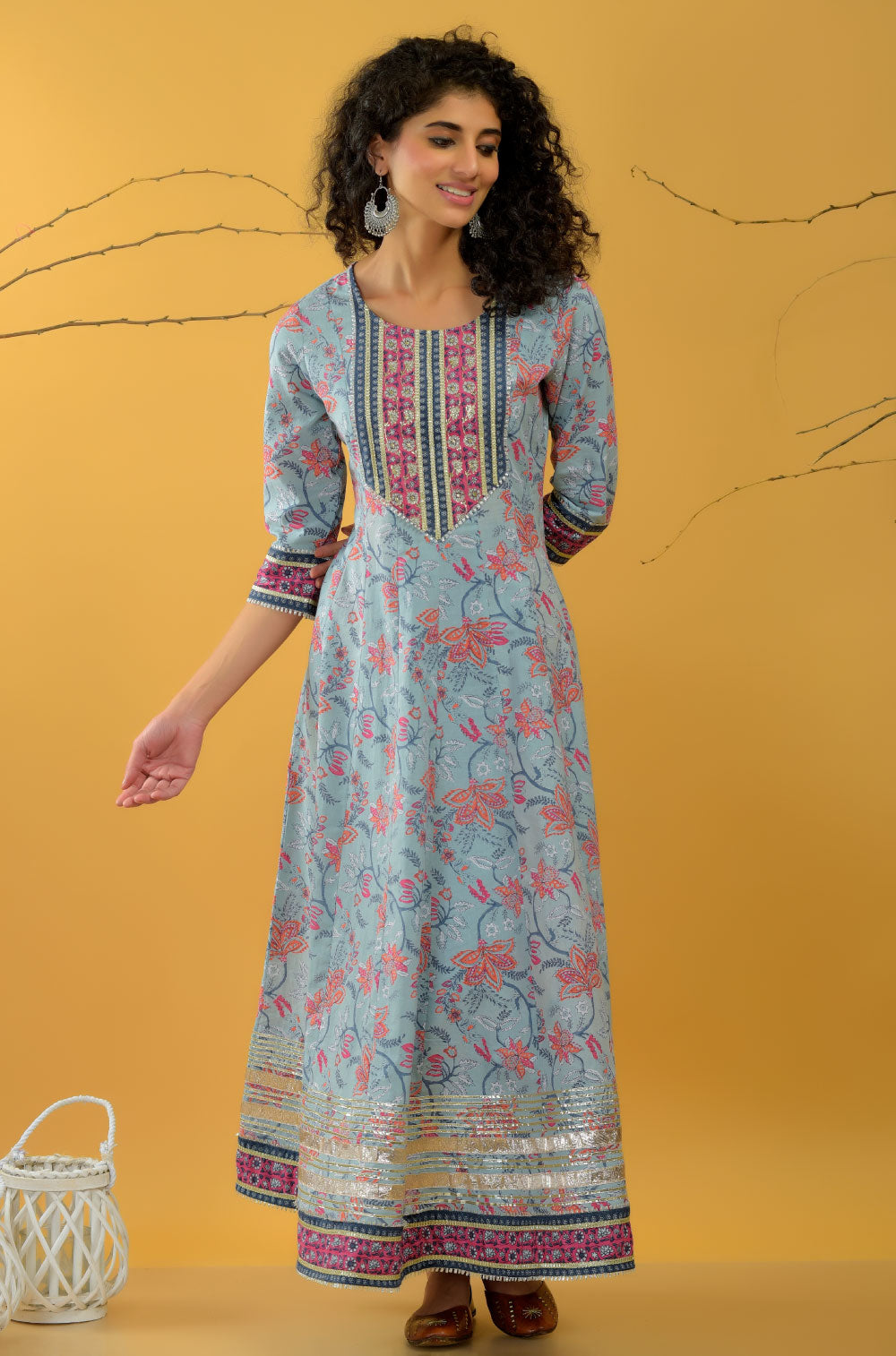 Printed Cotton Cambric Anarkali Set with Lace & Dupatta