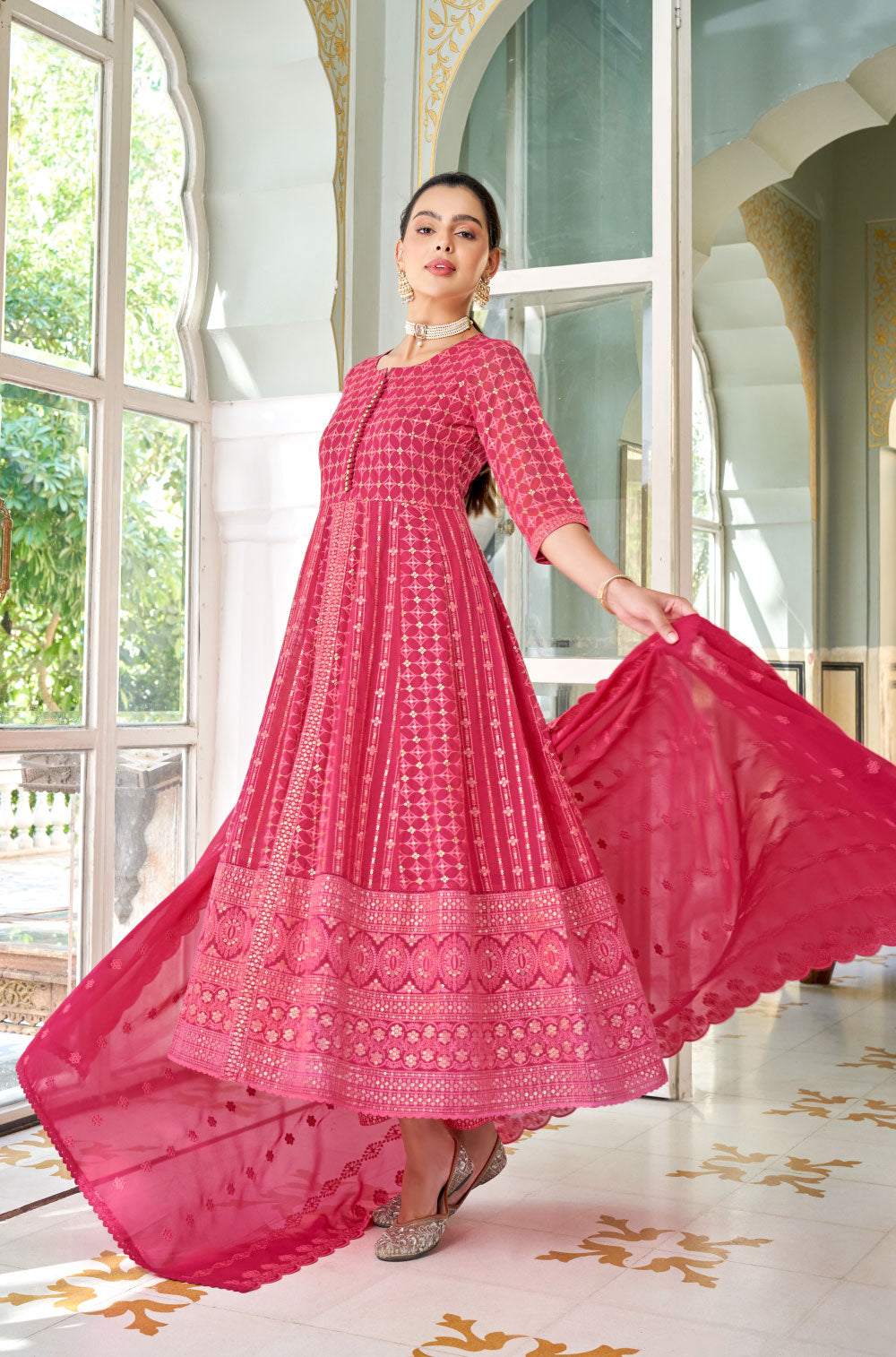 Fuchsia Pink Anarkali, Pants & Dupatta with Chikankari