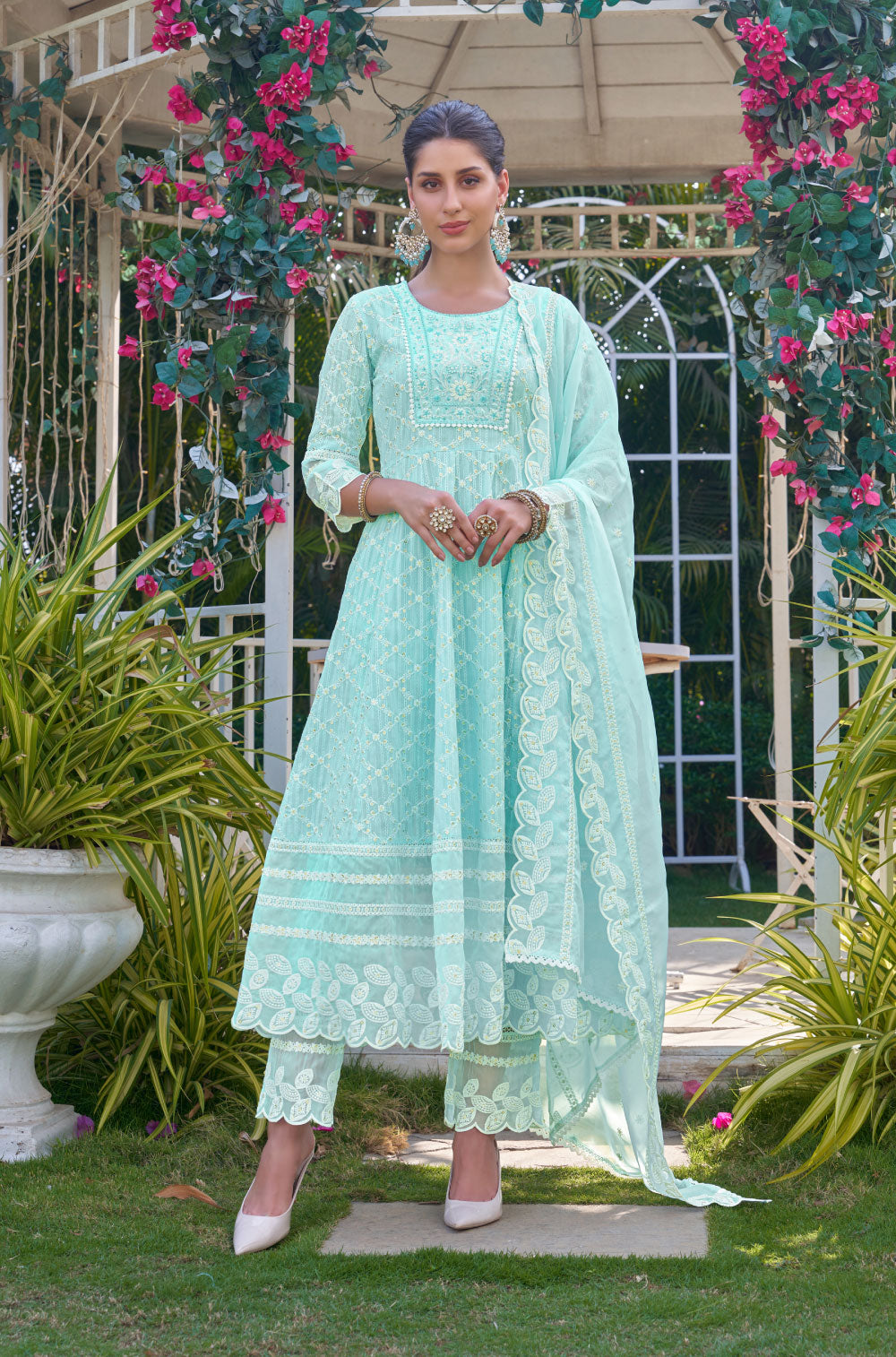 Cotton Lino Dobby 3 pcs Anarkali Set with Organza Dupatta