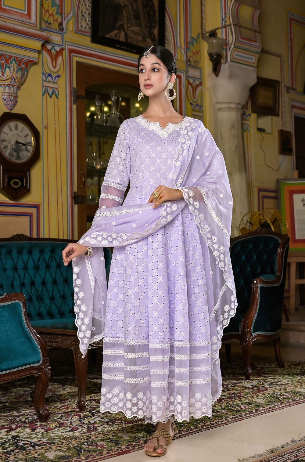 Anarkali Elegance with Delicate Chikankari & Sequined Charm , 3 pcs set with Organza dupatta