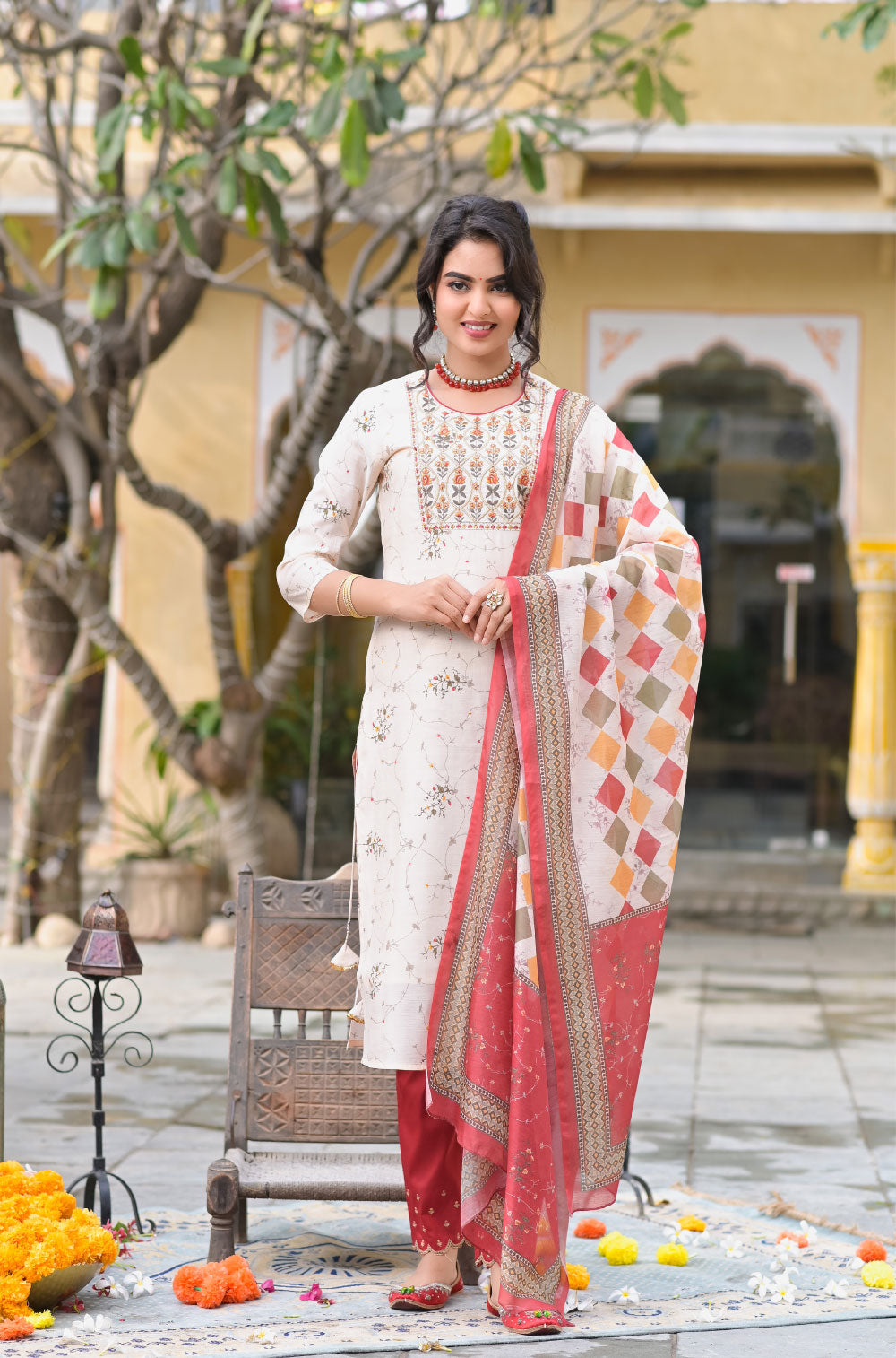 Cream Silk Blend 3-Piece Kurta Set with Embroidered Yoke Tassels & Dupatta