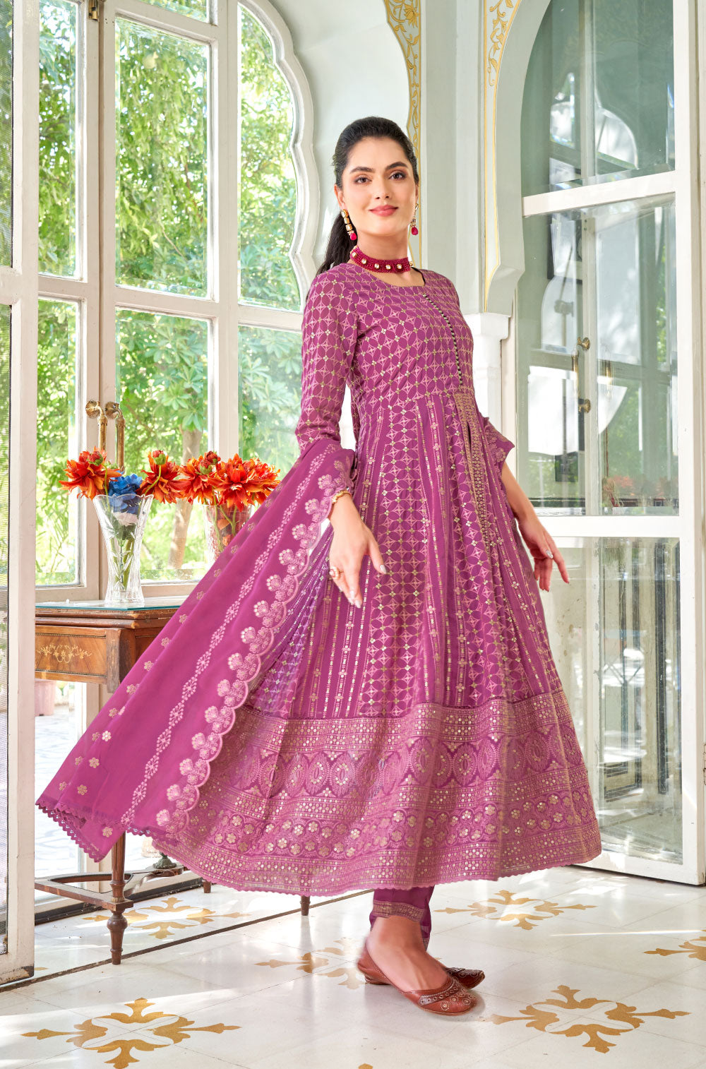 3-Piece Georgette Anarkali Set with Chikankari and Sequins