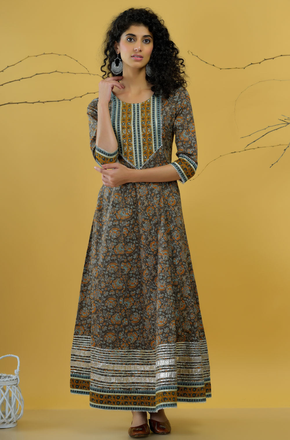 Army Green Anarkali Set with Chanderi Dupatta in traditional style