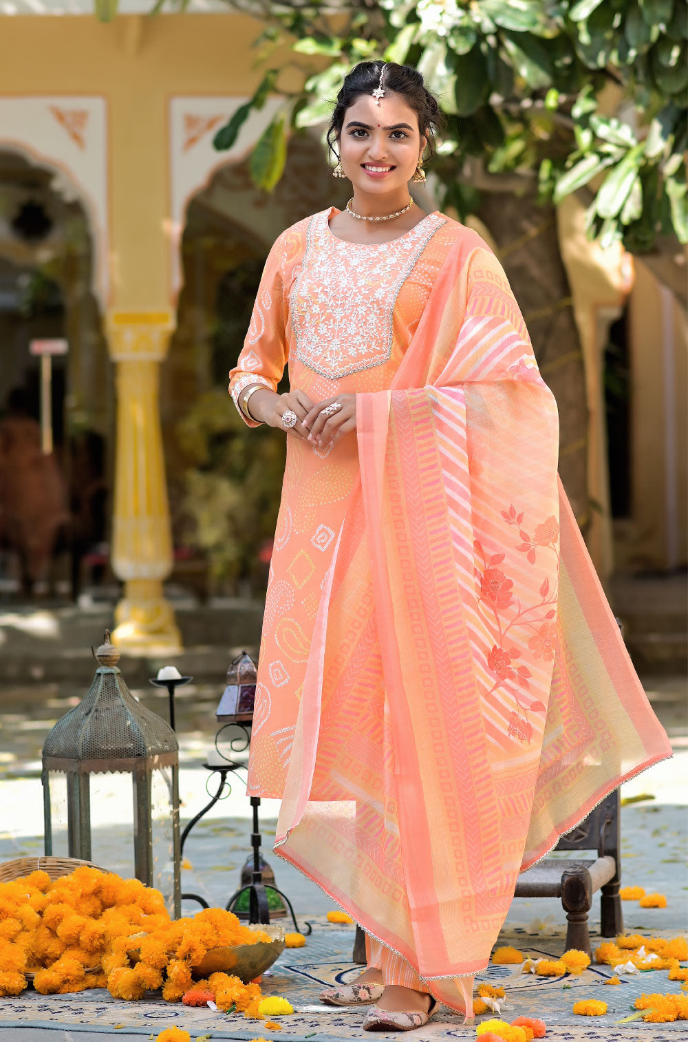 3-Piece Silk Blend Bandhej Peach Kurta Set with Printed Pants & Embroidered Dupatta