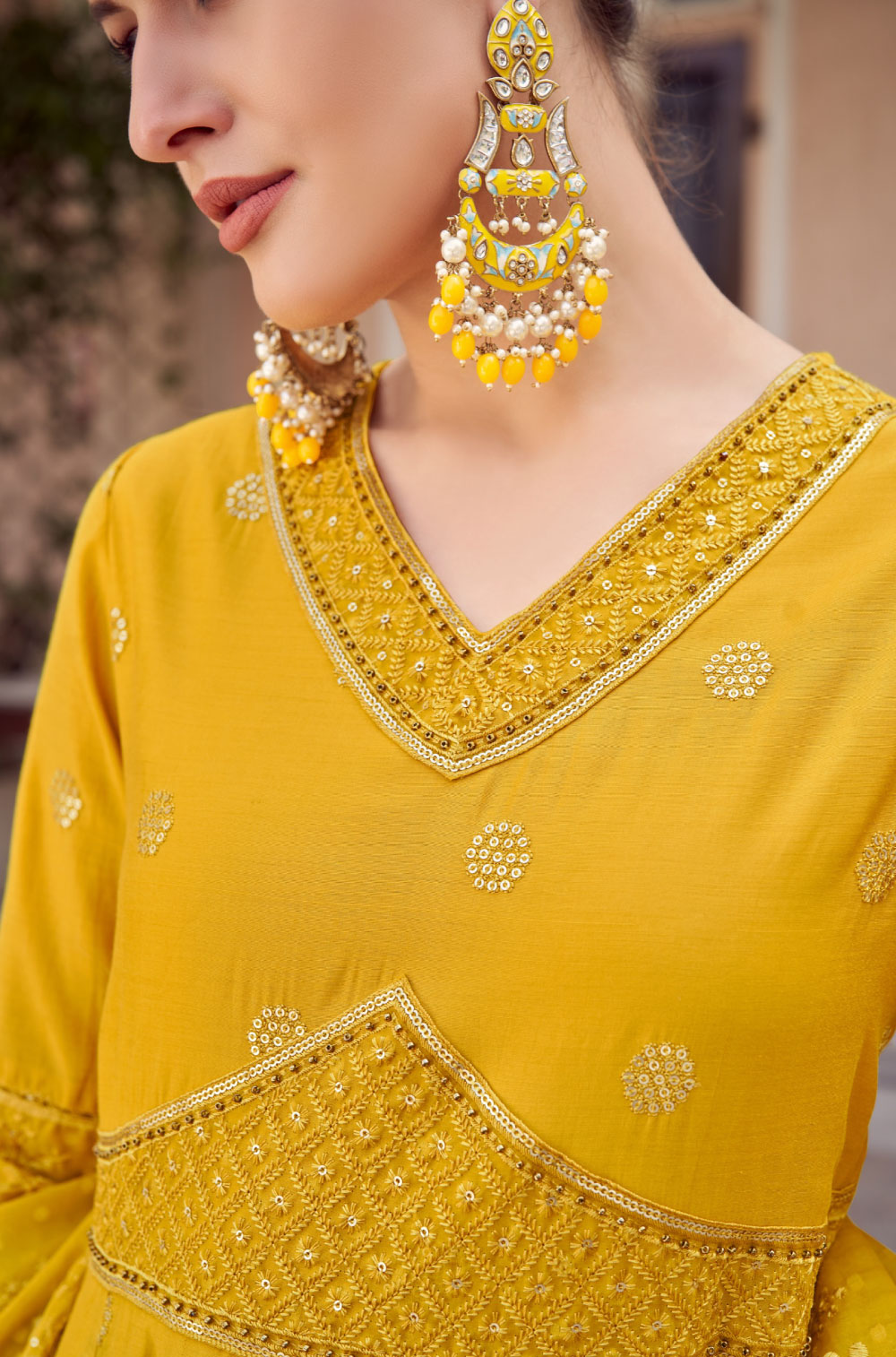 Mustard Silk Anarkali Set with Organza Flair