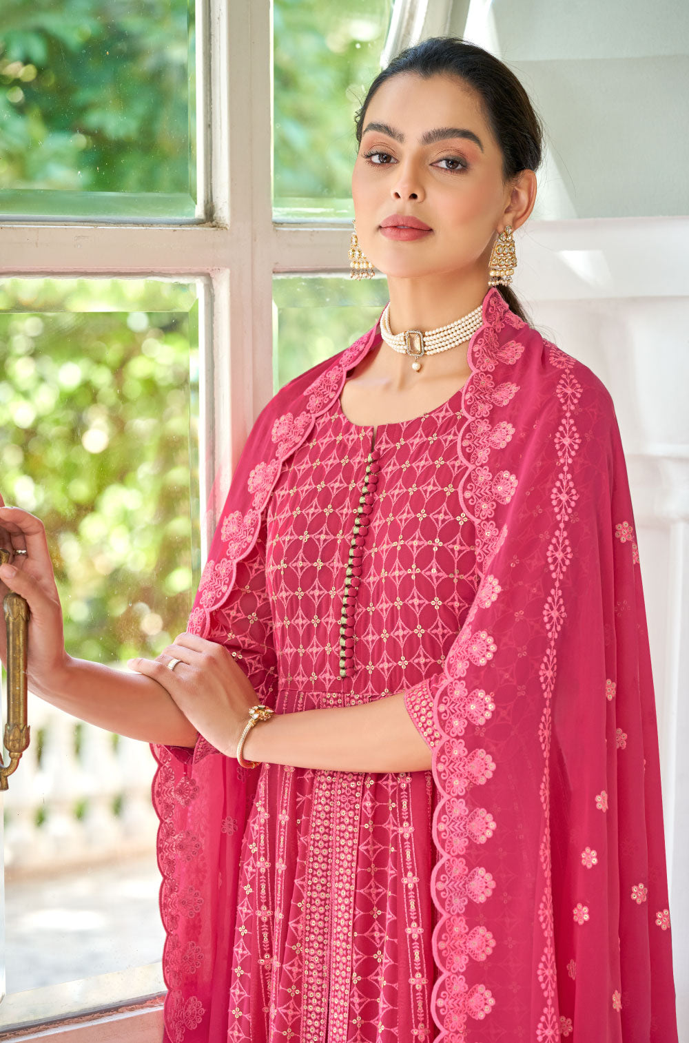 Fuchsia Pink Anarkali, Pants & Dupatta with Chikankari