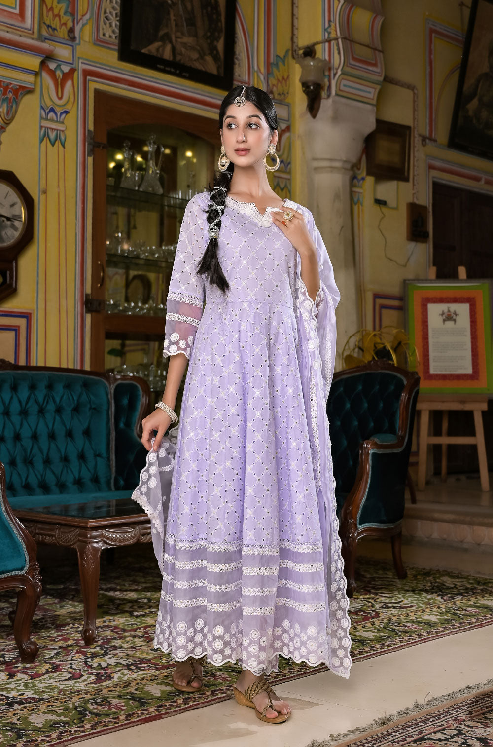 Anarkali Elegance with Delicate Chikankari & Sequined Charm , 3 pcs set with Organza dupatta