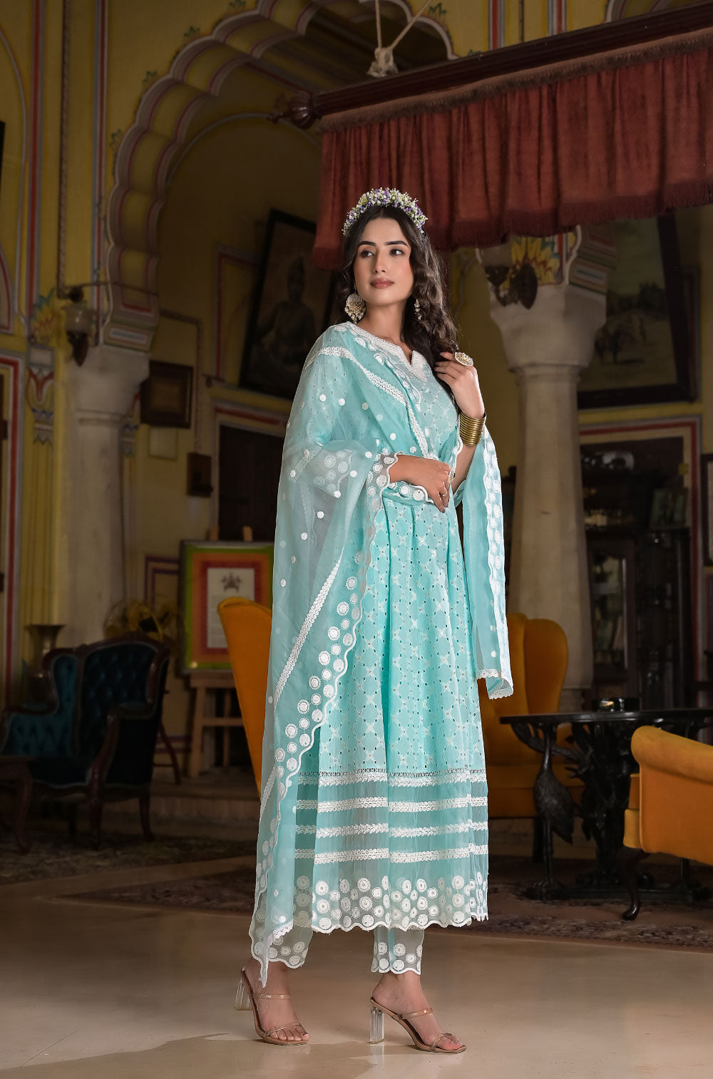 Pastel Chikankari Anarkali Set in Sea Green Cotton