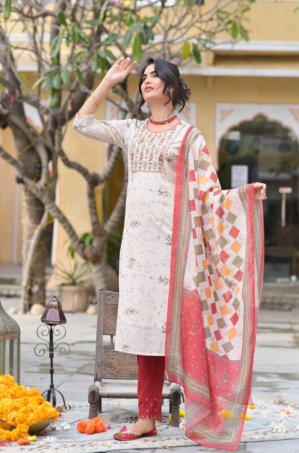 Cream Silk Blend 3-Piece Kurta Set with Embroidered Yoke Tassels & Dupatta