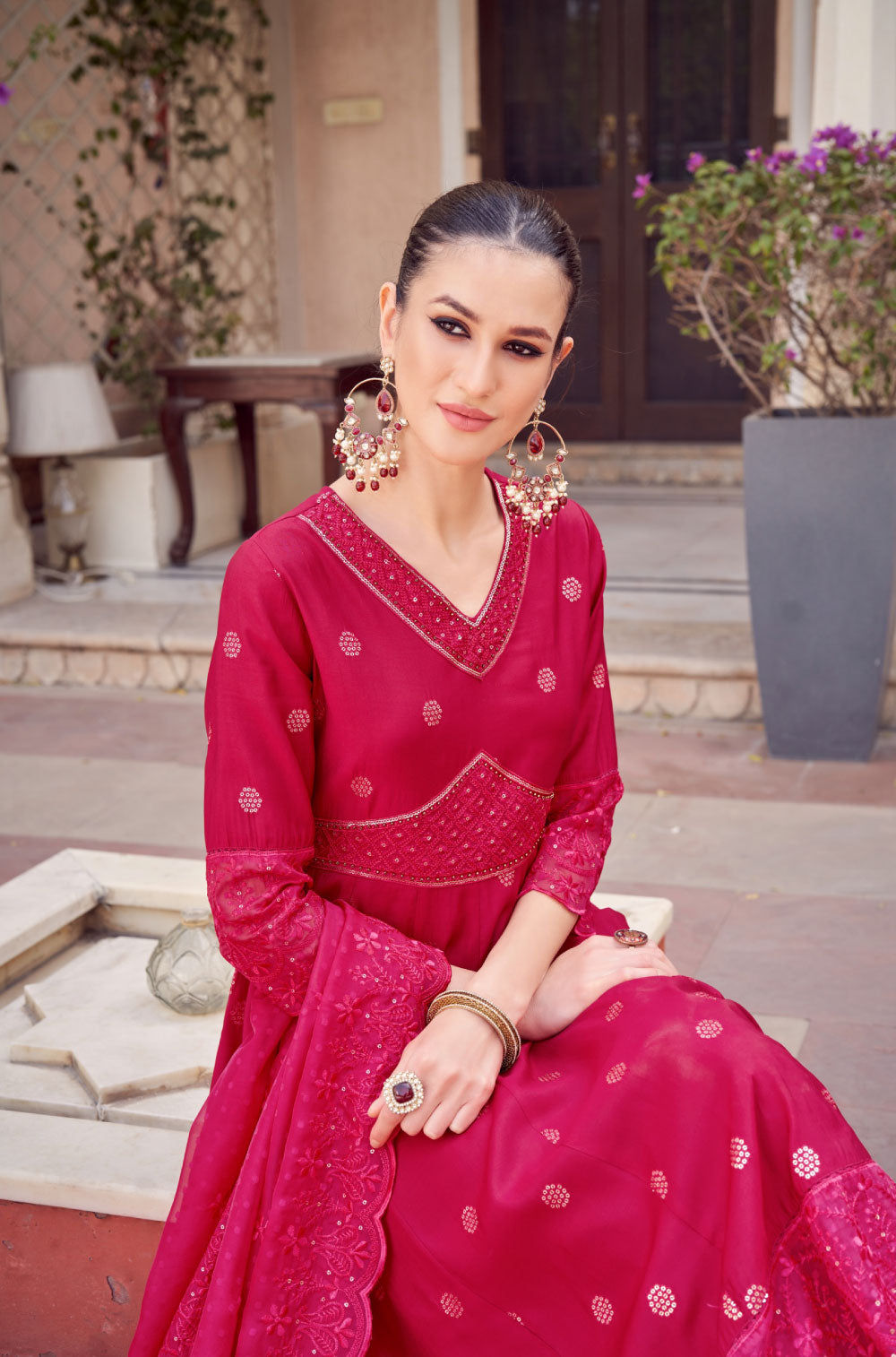 Anarkali Set in Fuchsia Pink with Organza Embroidered Dupatta