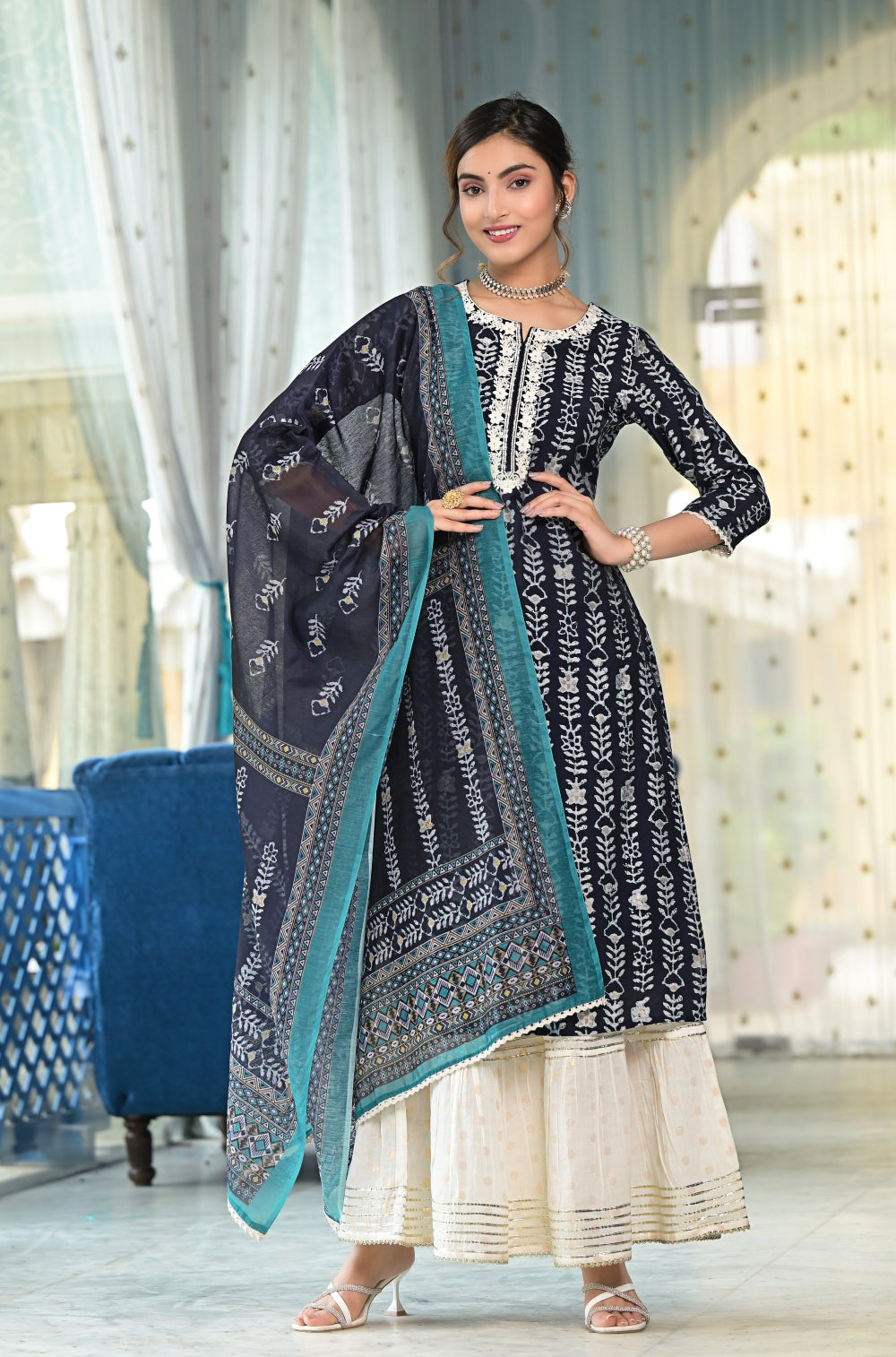 Navy Blue Sharara 3-piece Set with Dobby Detailing and Gota Work