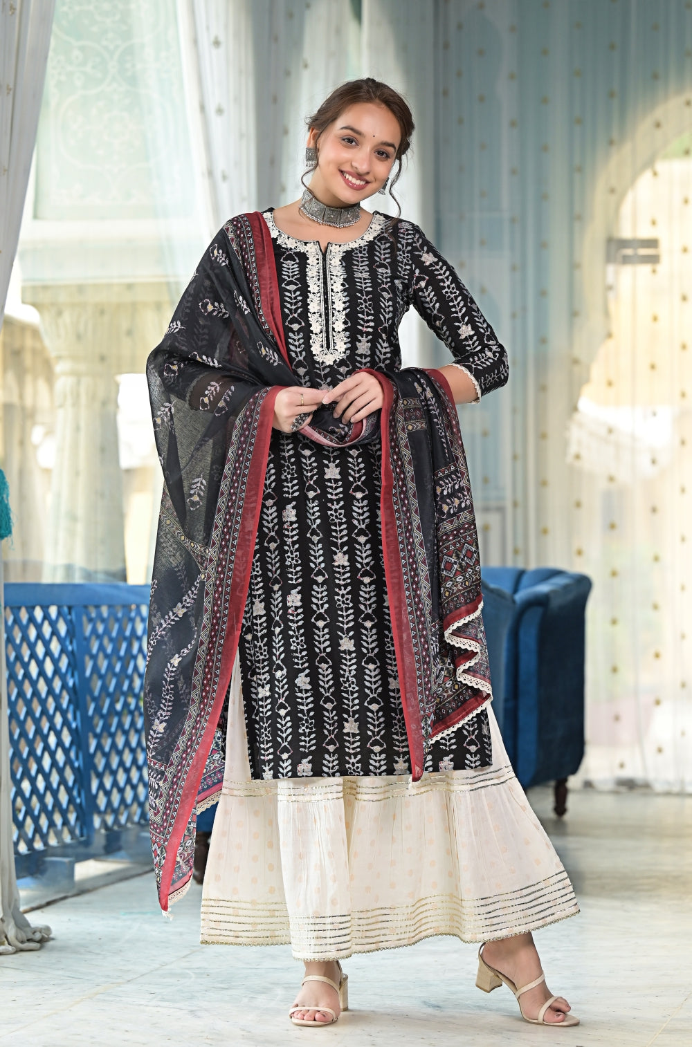 Black Sharara 3-piece Set with Exquisite Embroidery and Golden Booti